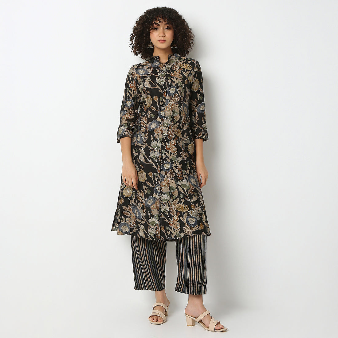 Flare Fit Printed Band Collar Kurta with Pant Set
