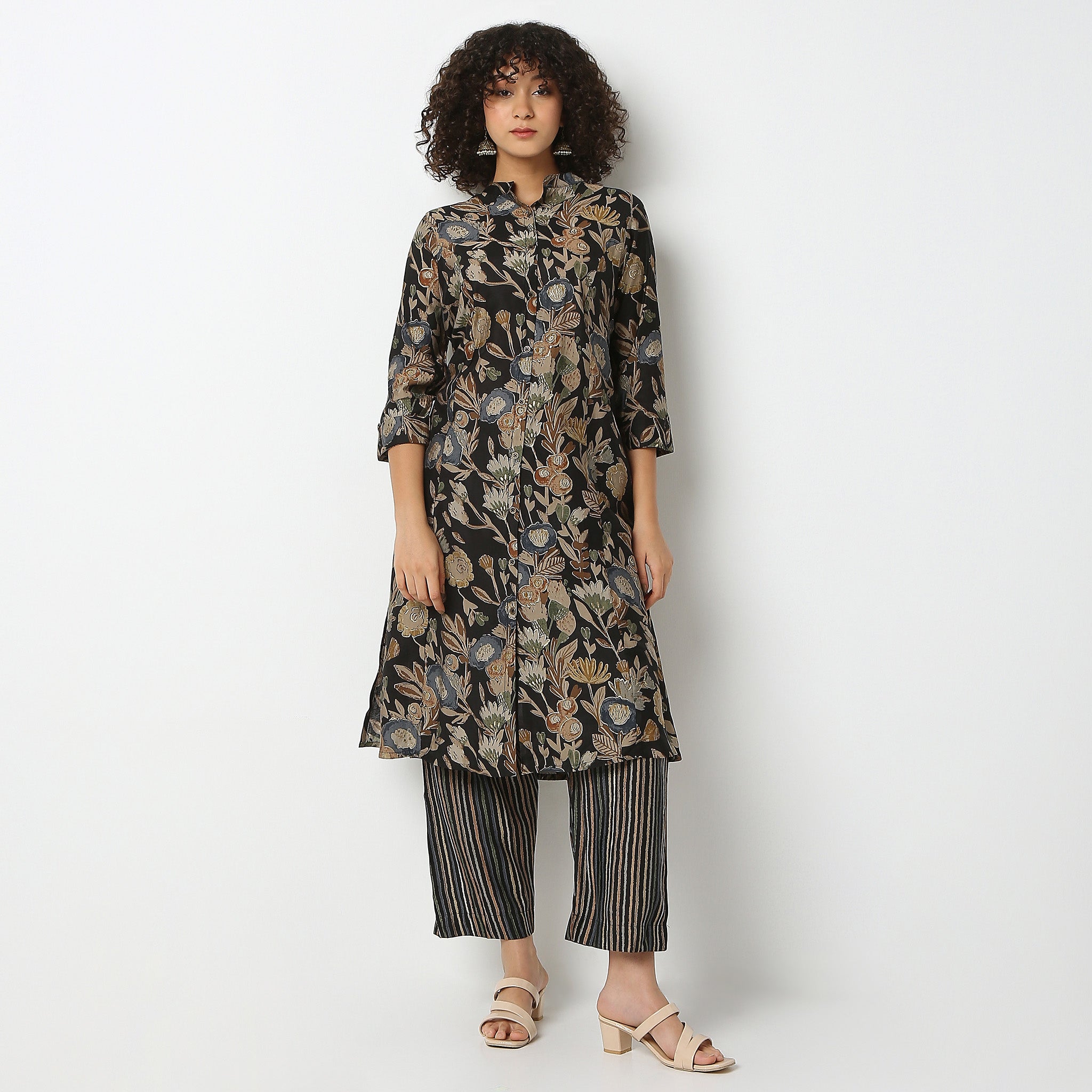 Flare Fit Printed Band Collar Kurta with Pant Set