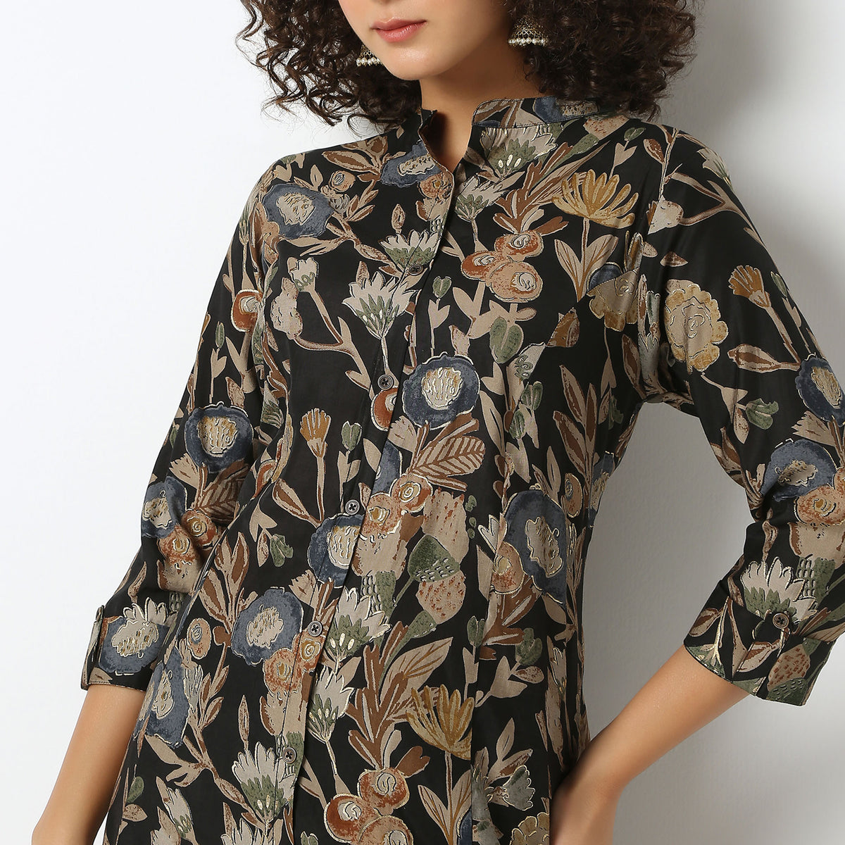 Flare Fit Printed Band Collar Kurta with Pant Set