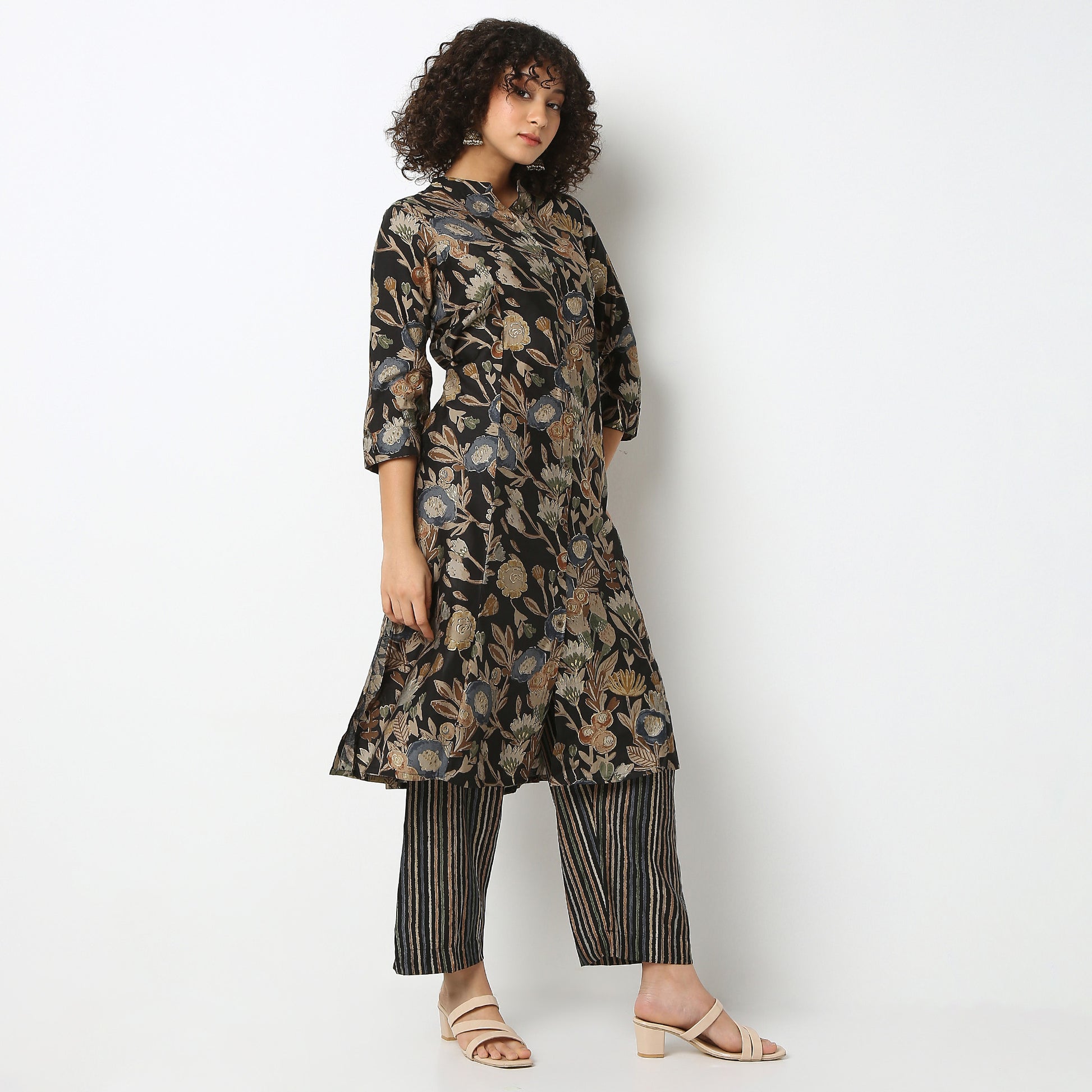 Flare Fit Printed Band Collar Kurta with Pant Set