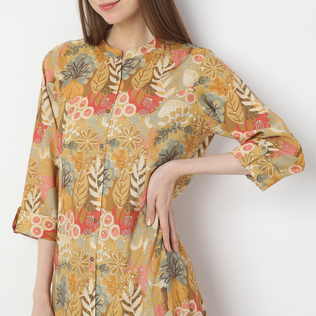 A-Line Printed Band Collar Kurta with Pant Set