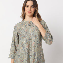 Printed Calf Length Camp Collar A Line Kurta with Pant Set