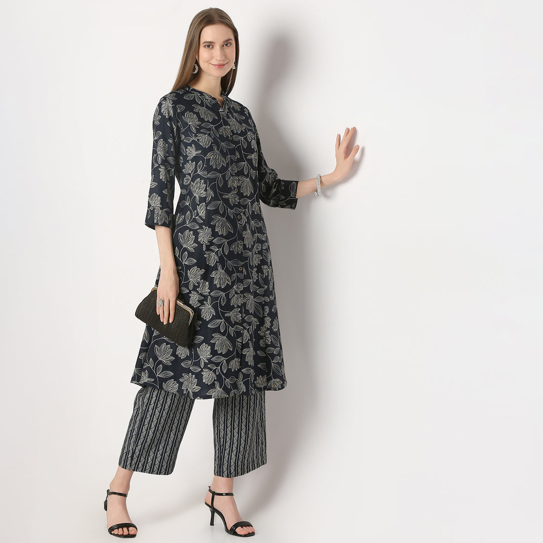 Regular Fit Printed Band Collar Kurta with Pant Set