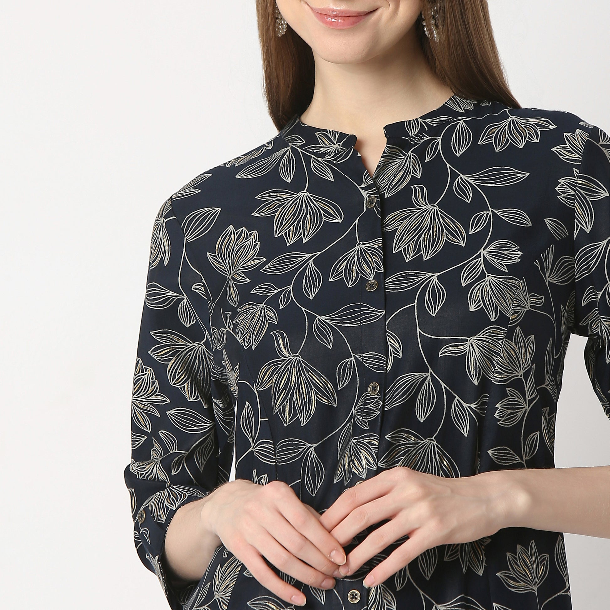 Regular Fit Printed Band Collar Kurta with Pant Set