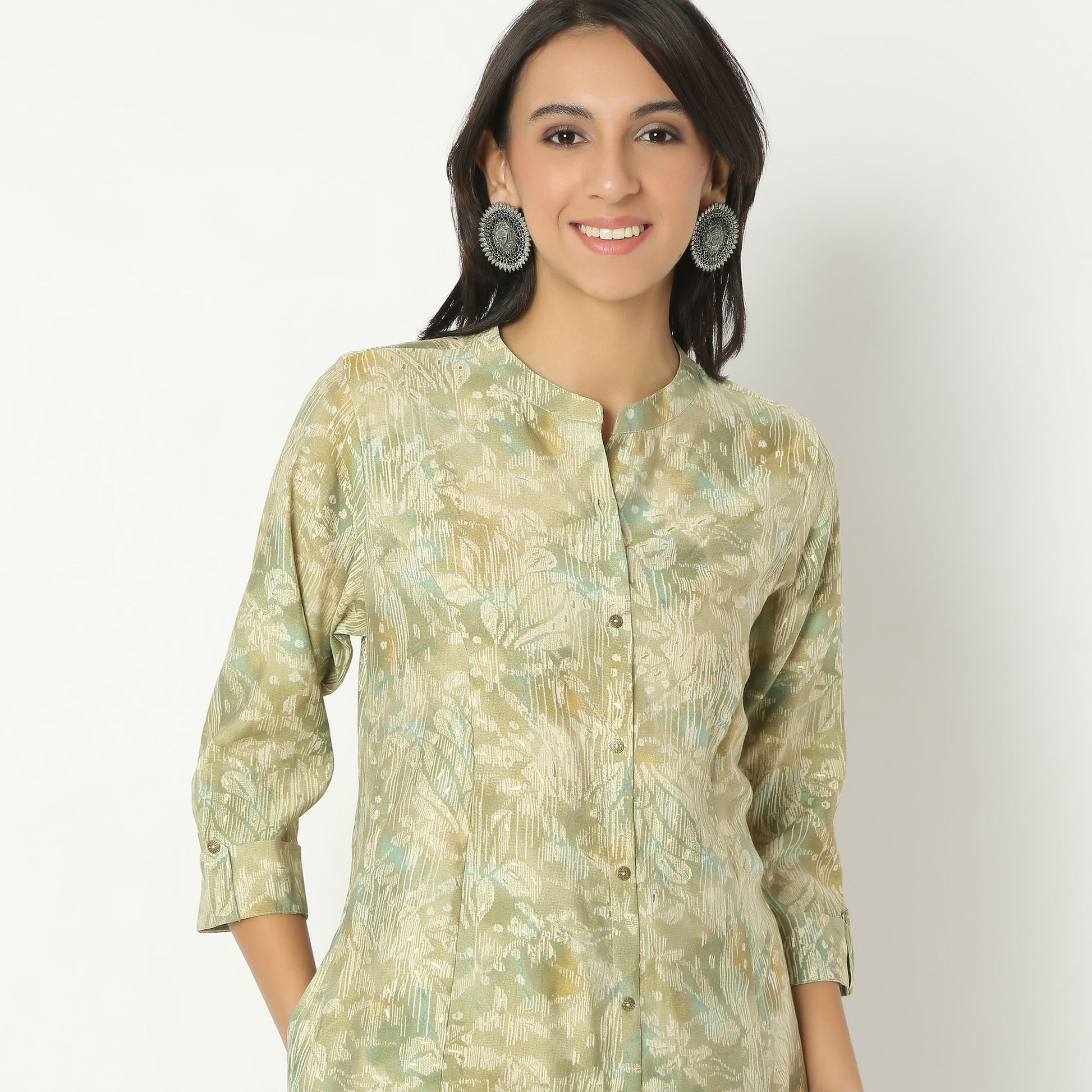Regular Fit Printed Band Collar Kurta with Pant Set