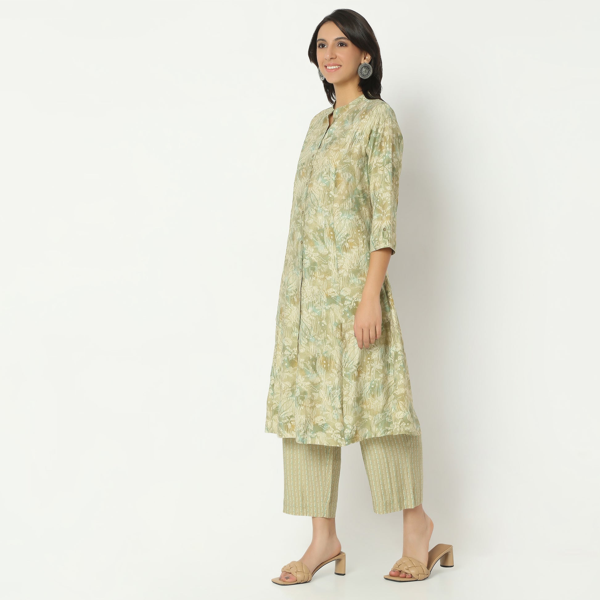 Regular Fit Printed Band Collar Kurta with Pant Set