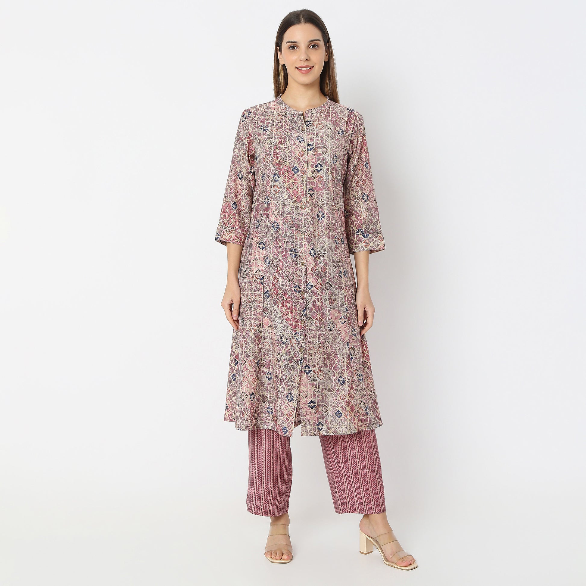 A-Line Printed Band Collar Kurta with Pant Set