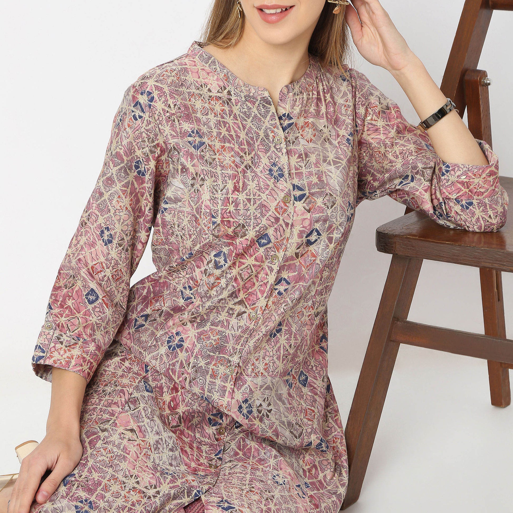 A-Line Printed Band Collar Kurta with Pant Set