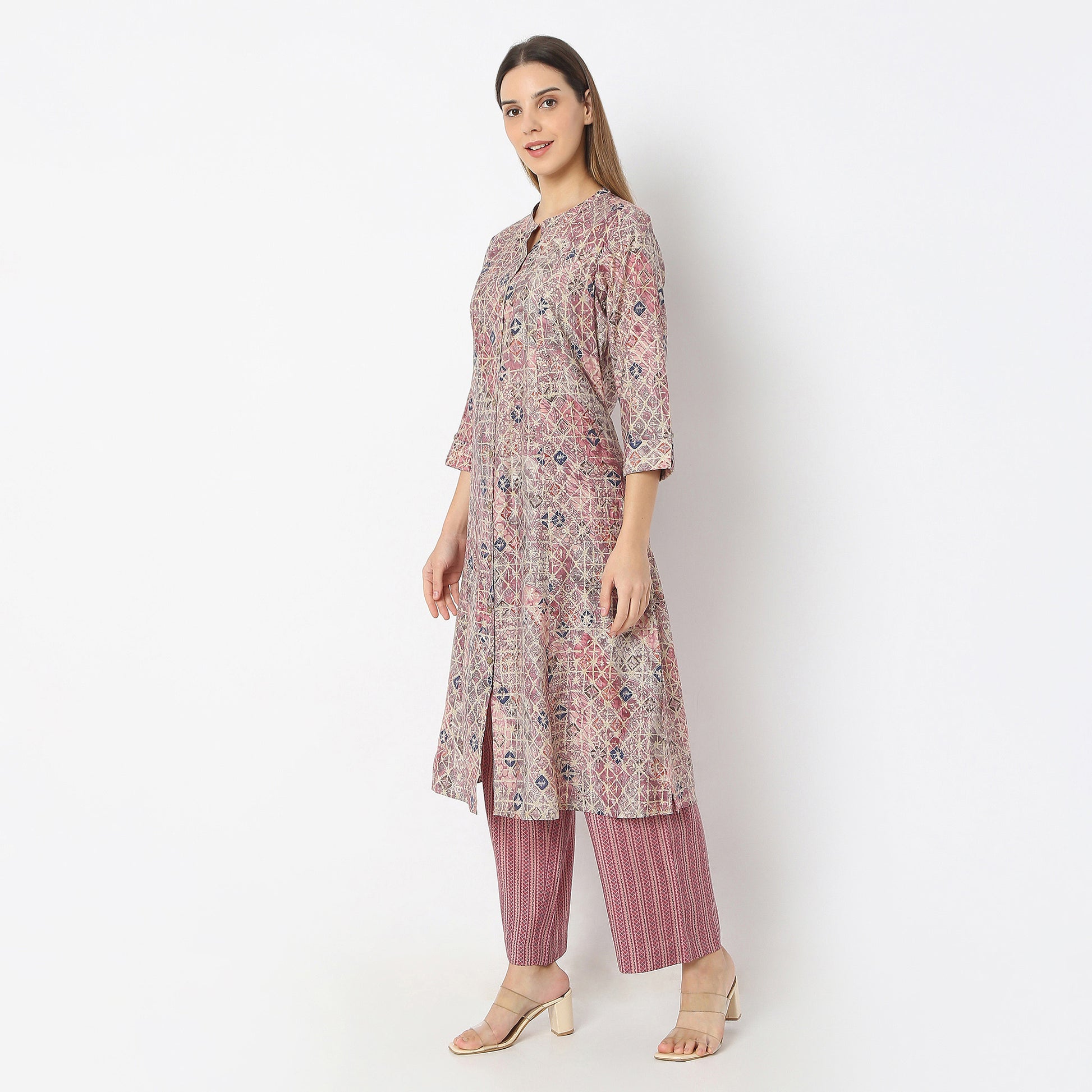 A-Line Printed Band Collar Kurta with Pant Set