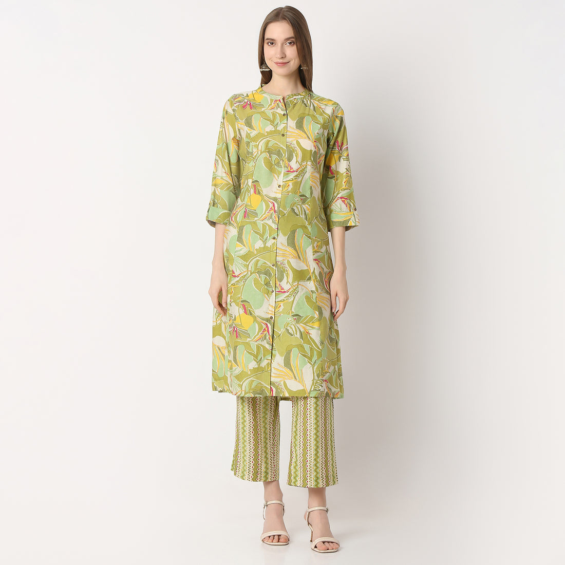 Regular Fit Printed Band Collar Kurta with Pant Set