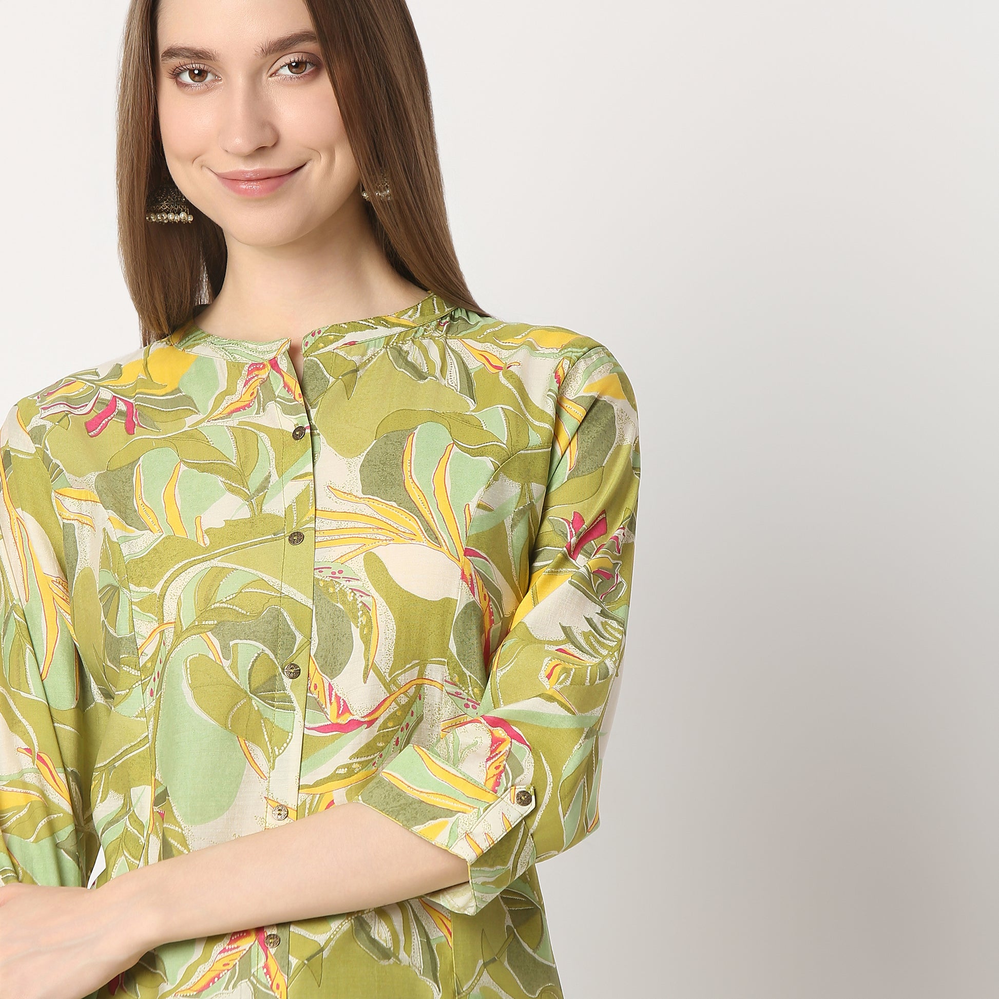 Regular Fit Printed Band Collar Kurta with Pant Set