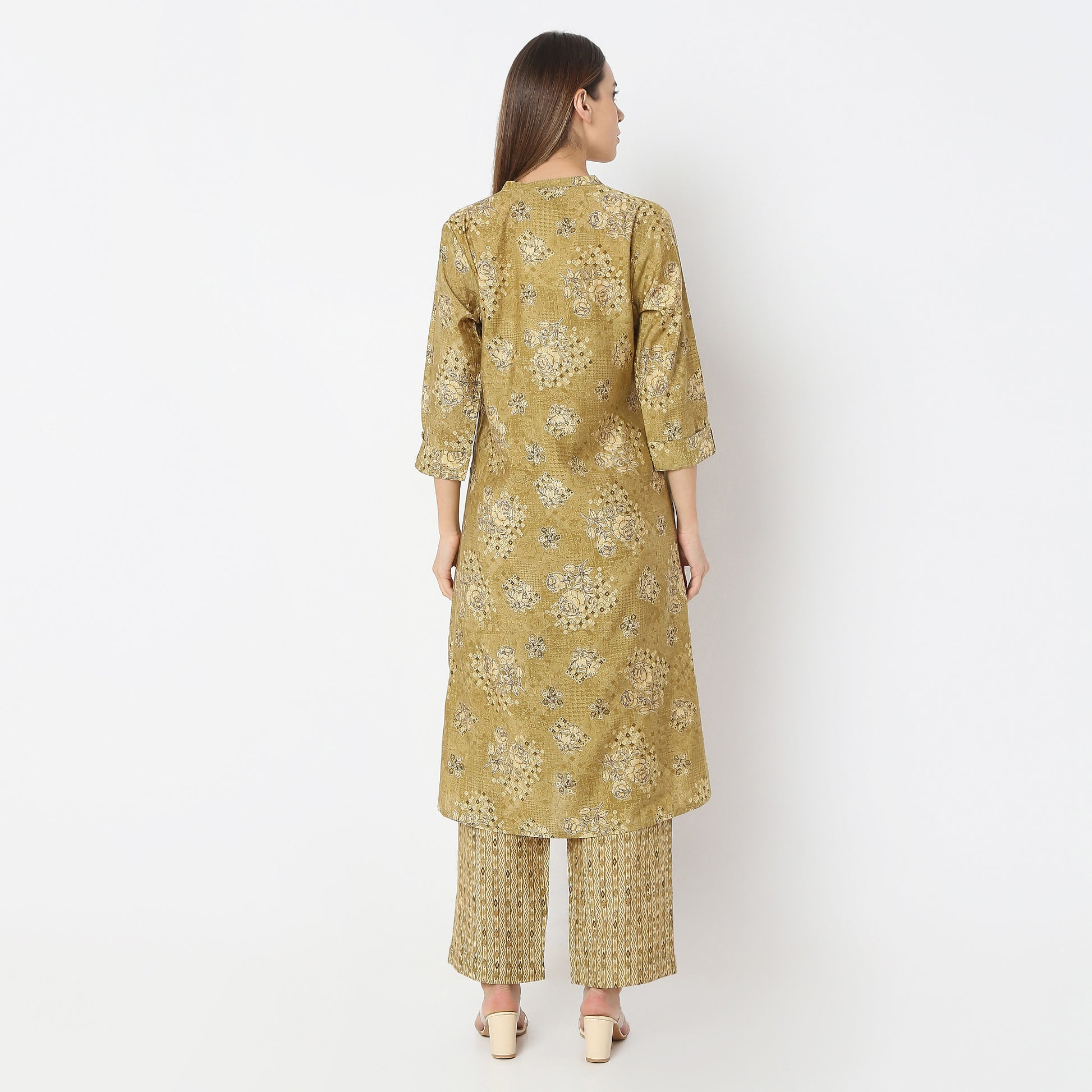A-Line Printed Band Collar Kurta with Pant Set
