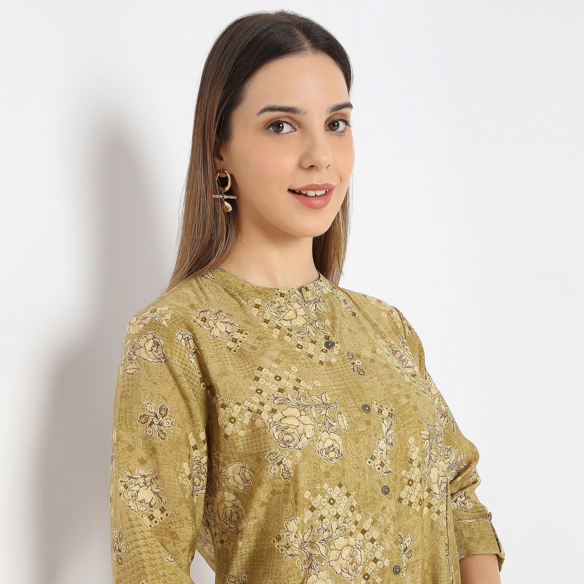 A-Line Printed Band Collar Kurta with Pant Set