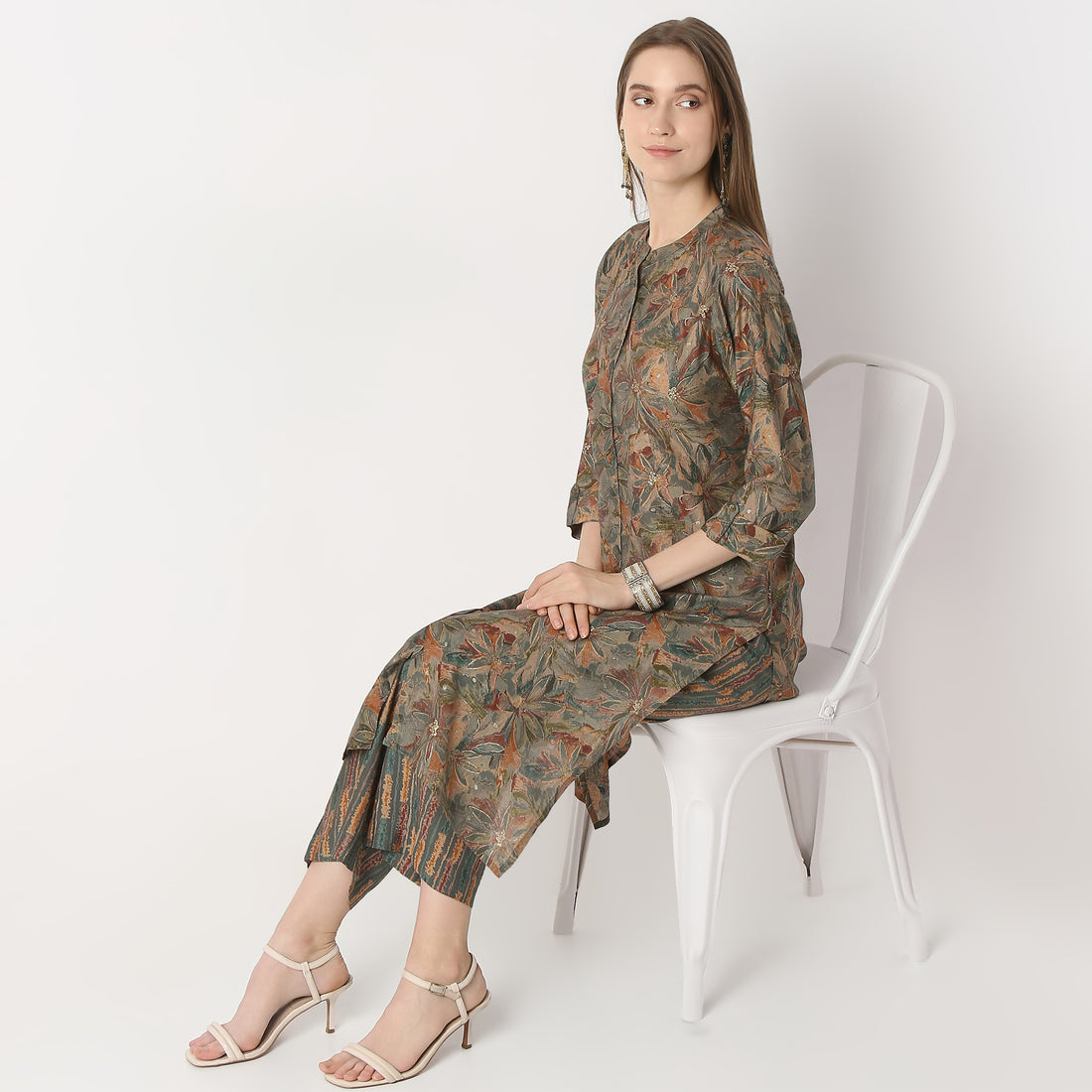 Regular Fit Printed Band Collar Kurta with Pant Set