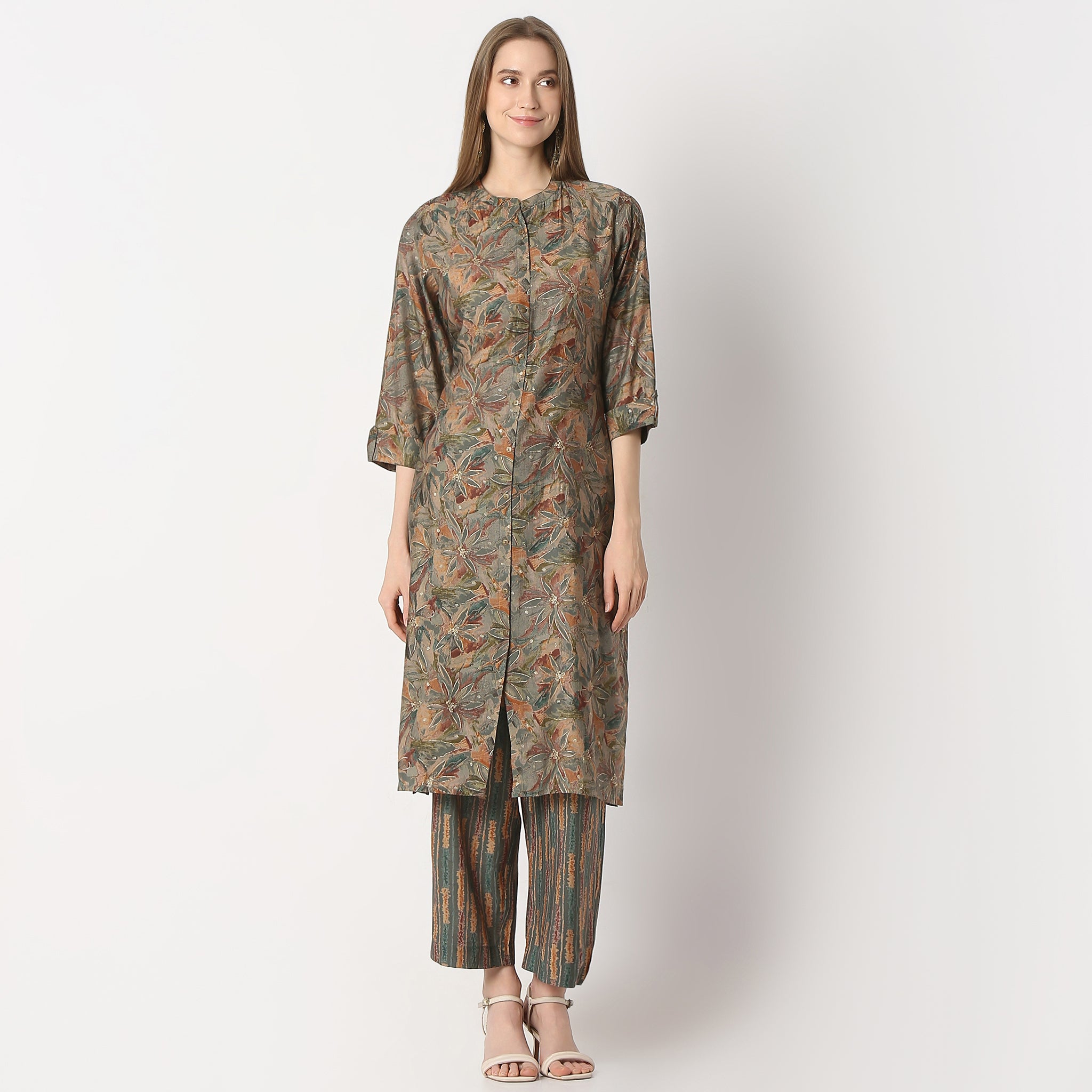 Regular Fit Printed Band Collar Kurta with Pant Set
