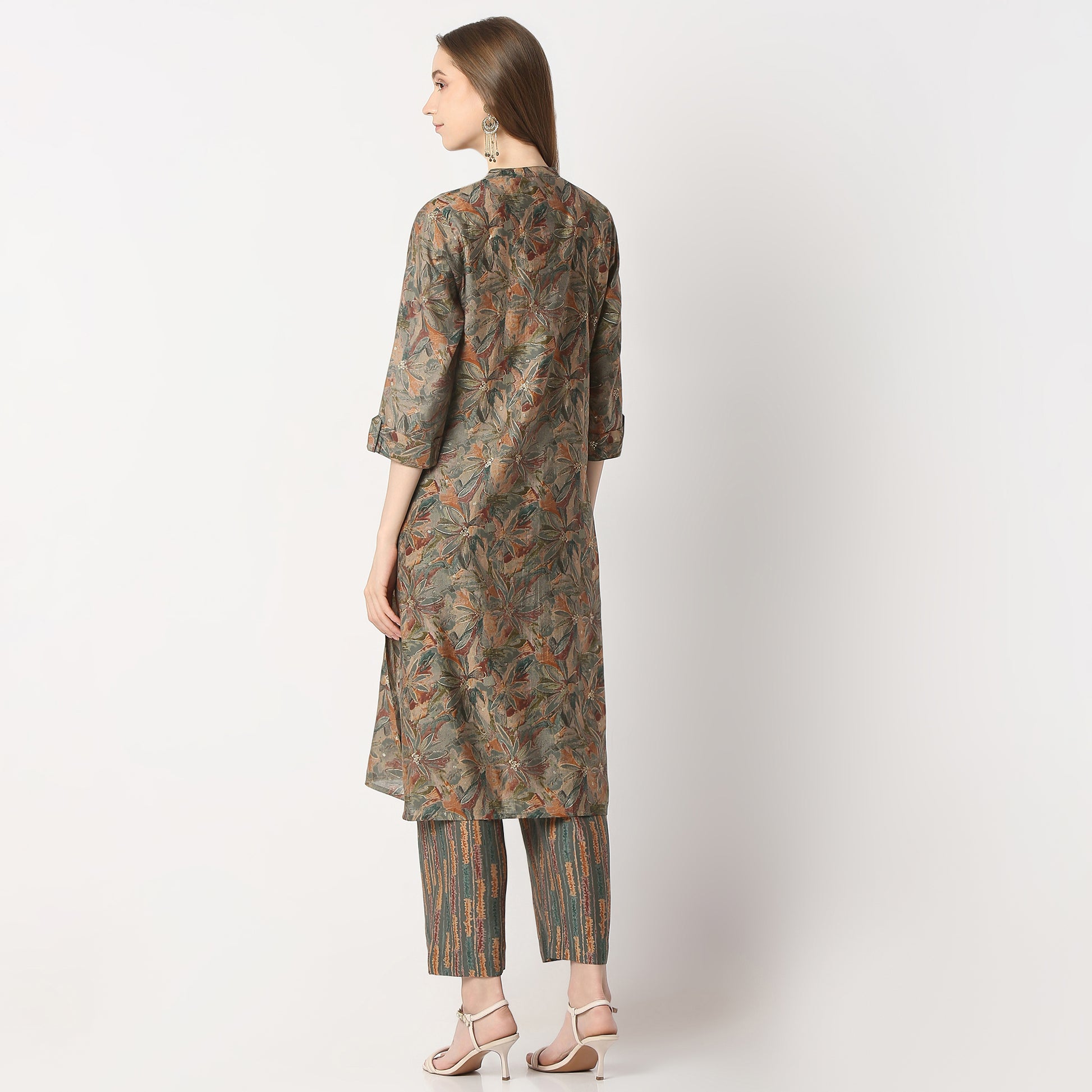 Regular Fit Printed Band Collar Kurta with Pant Set