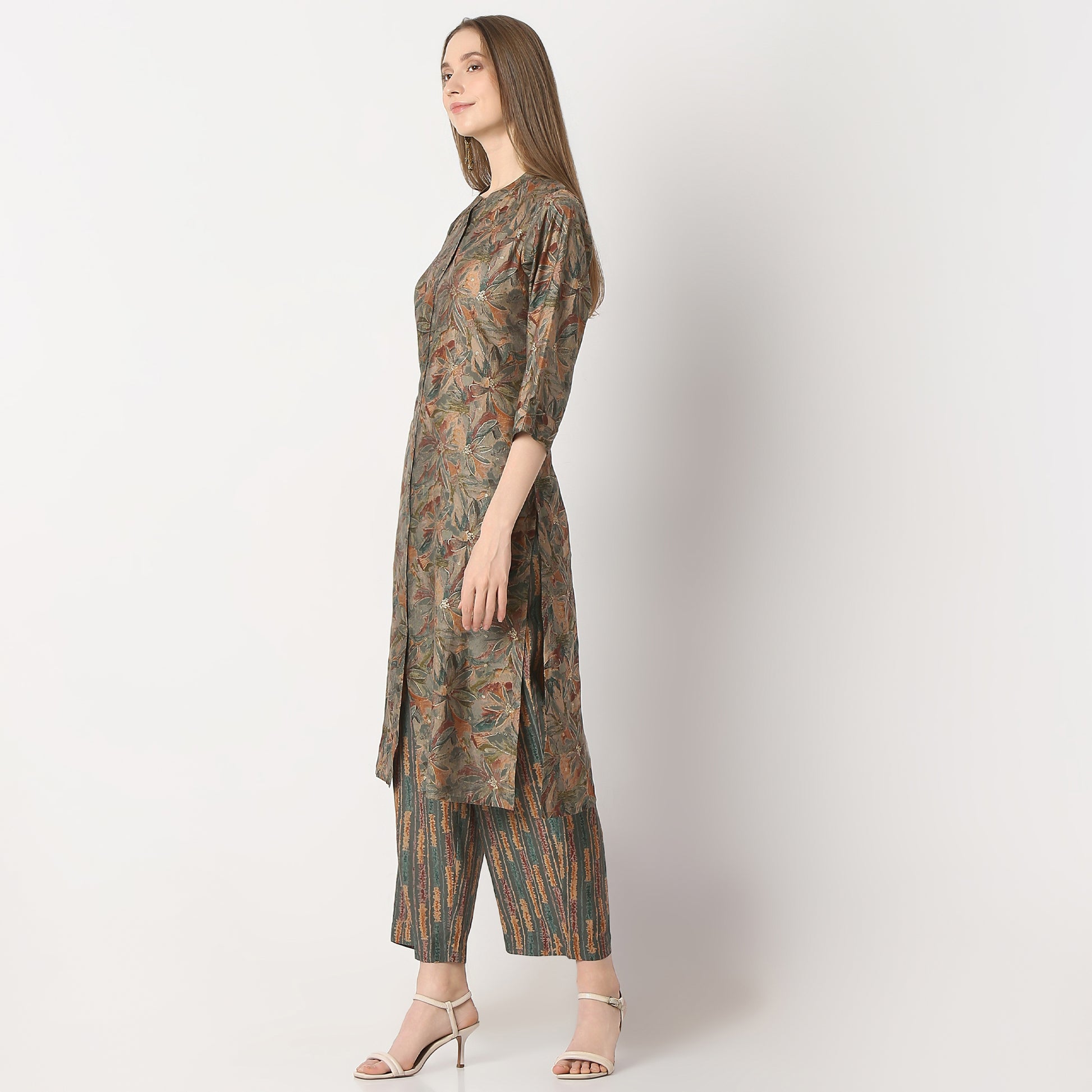 Regular Fit Printed Band Collar Kurta with Pant Set