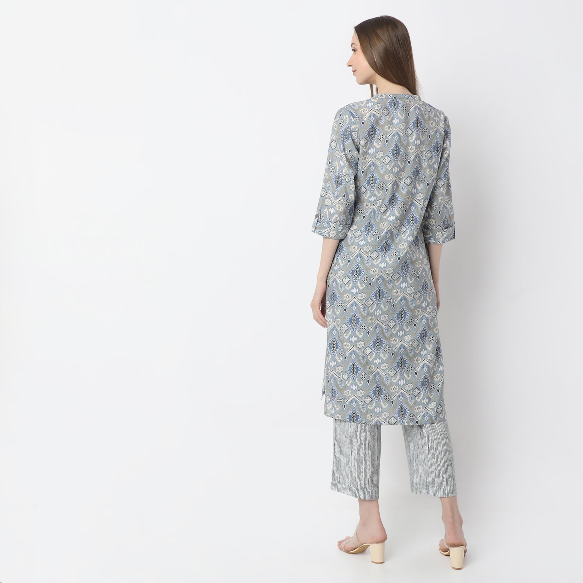 A-Line Printed Band Collar Kurta with Pant Set