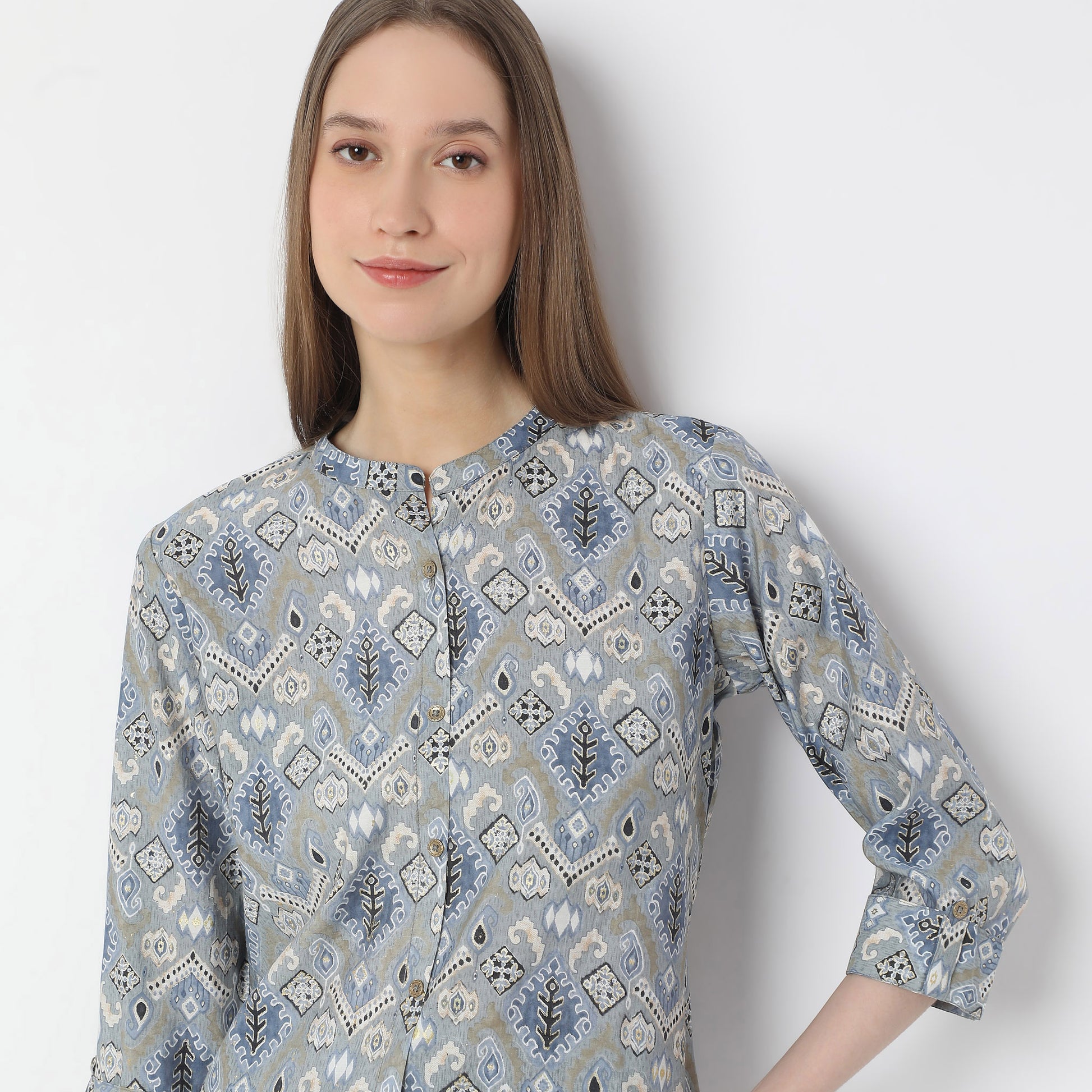 A-Line Printed Band Collar Kurta with Pant Set