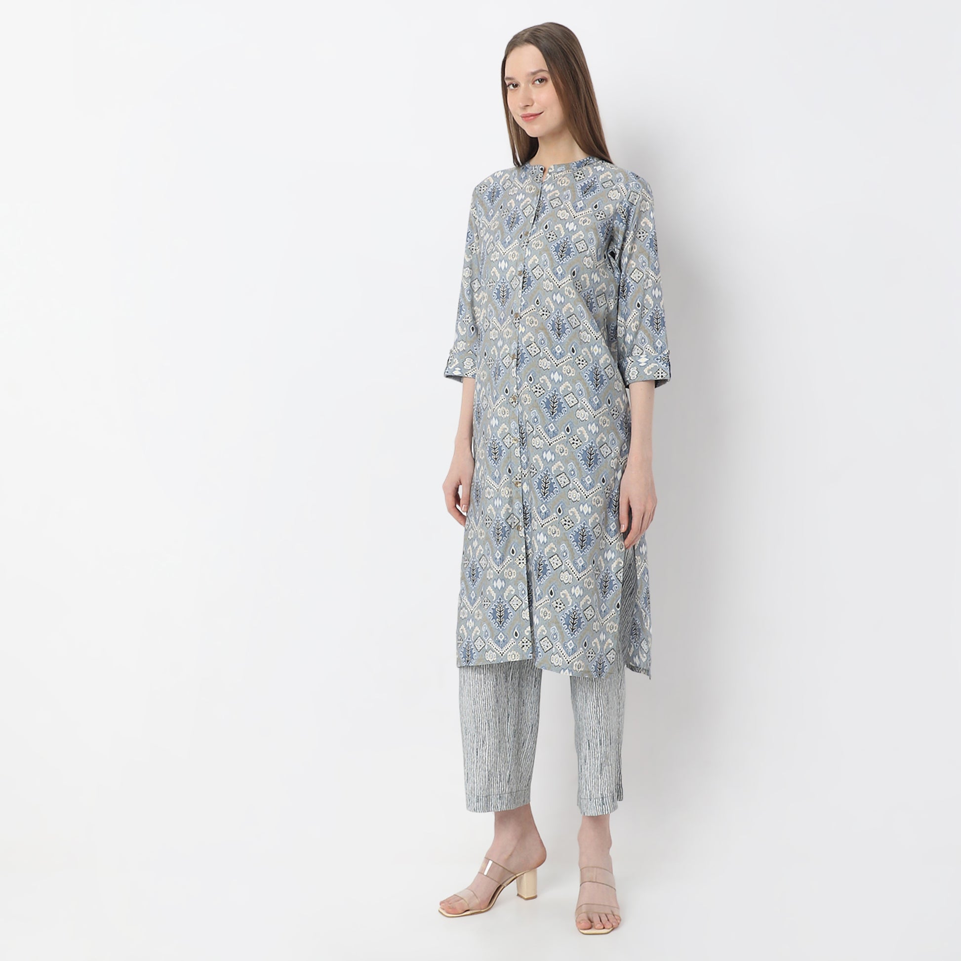 A-Line Printed Band Collar Kurta with Pant Set