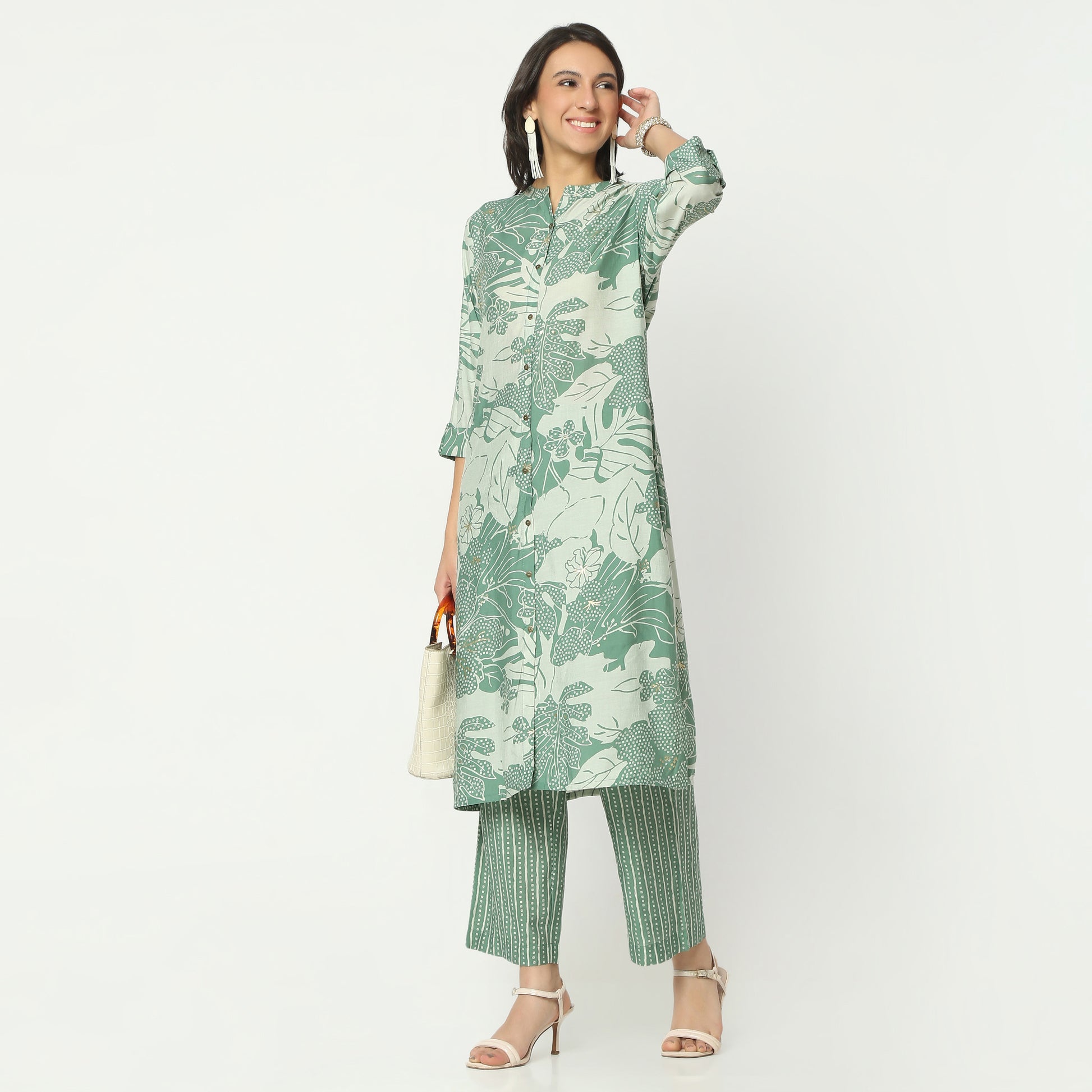 Regular Fit Printed Band Collar Kurta with Pant Set