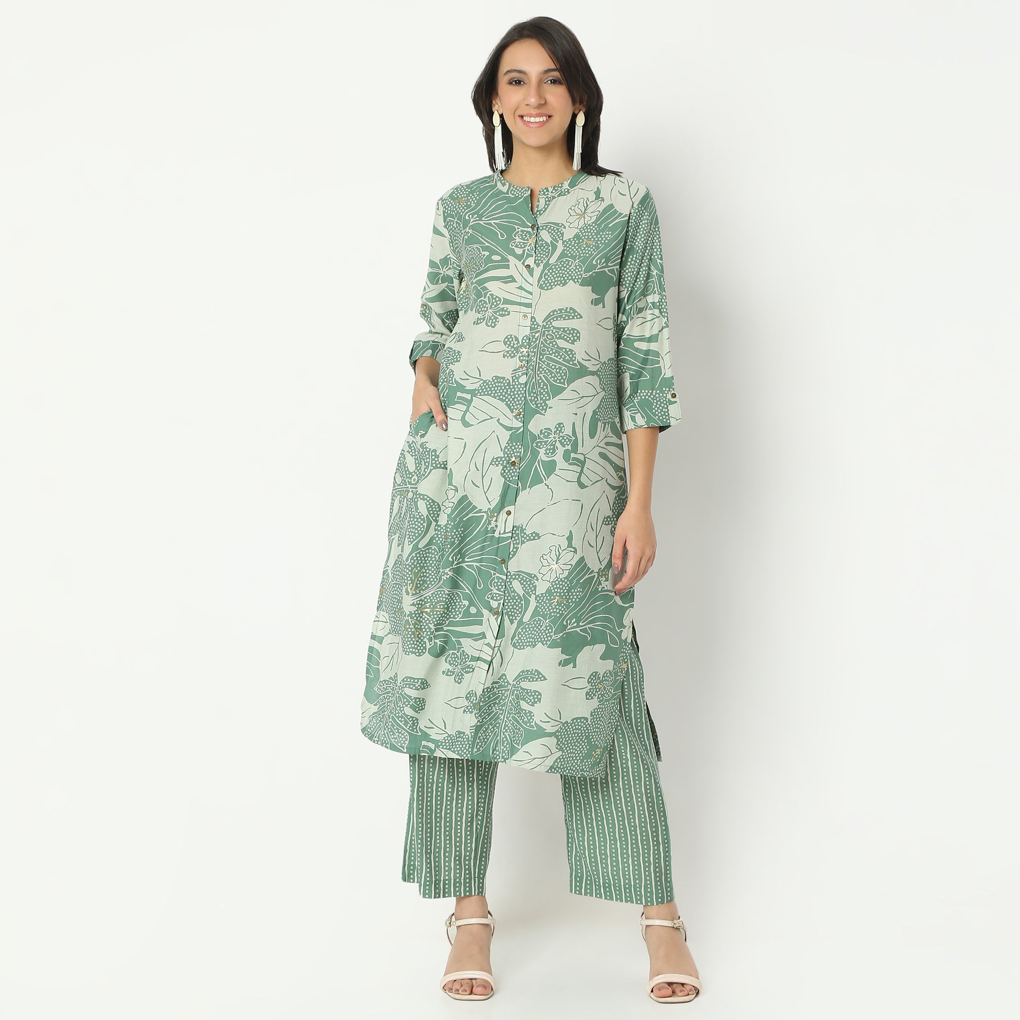 Regular Fit Printed Band Collar Kurta with Pant Set