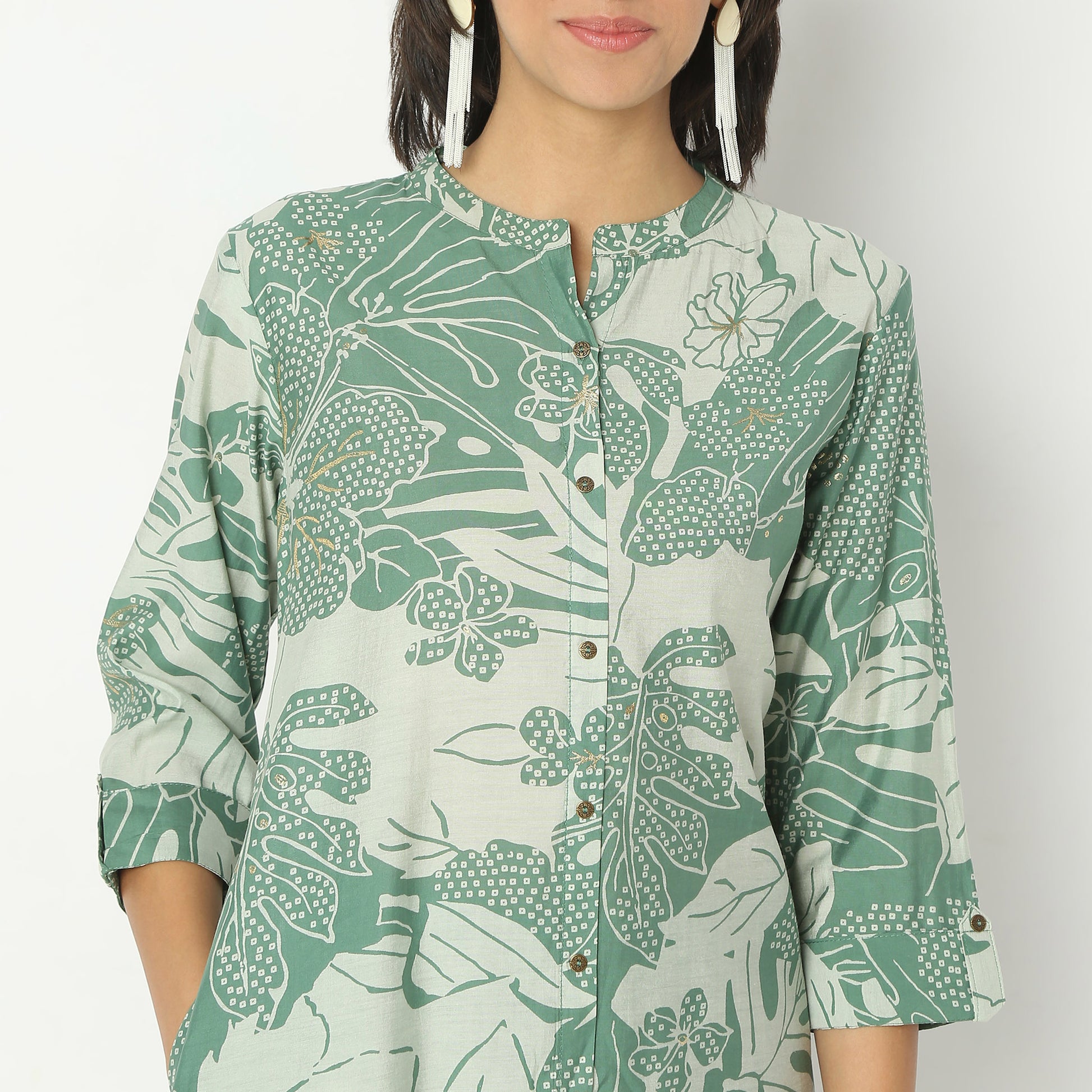 Regular Fit Printed Band Collar Kurta with Pant Set