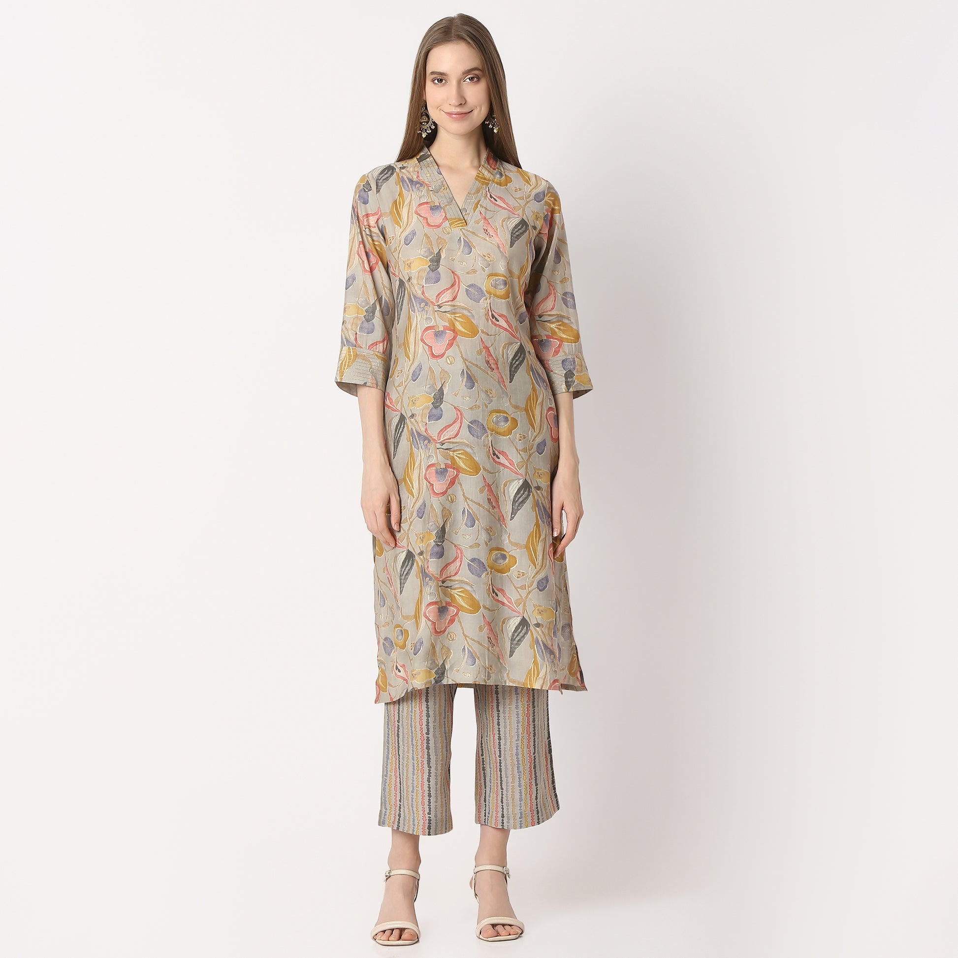 Regular Fit Printed V Neck Kurta with Pant Set