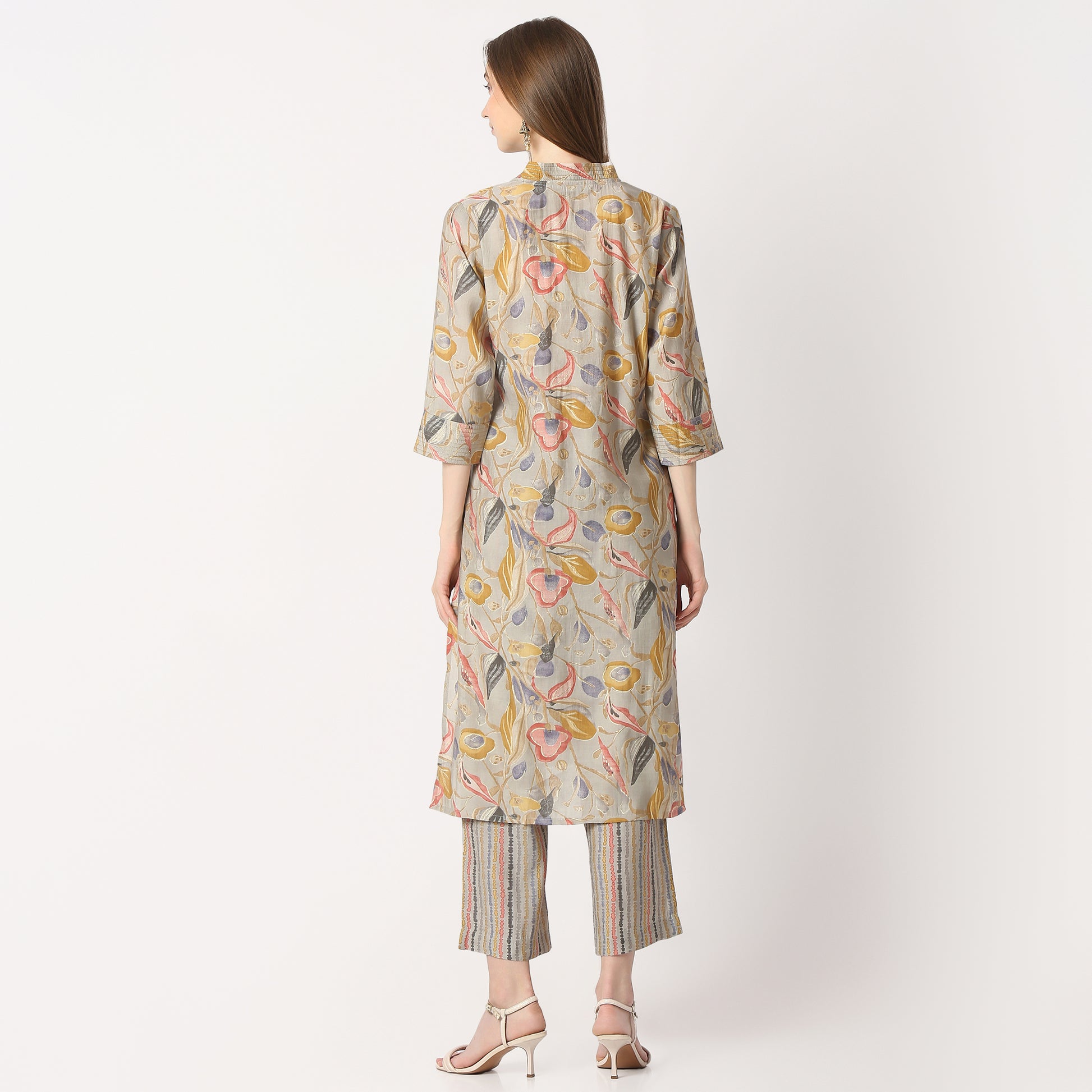 Regular Fit Printed V Neck Kurta with Pant Set