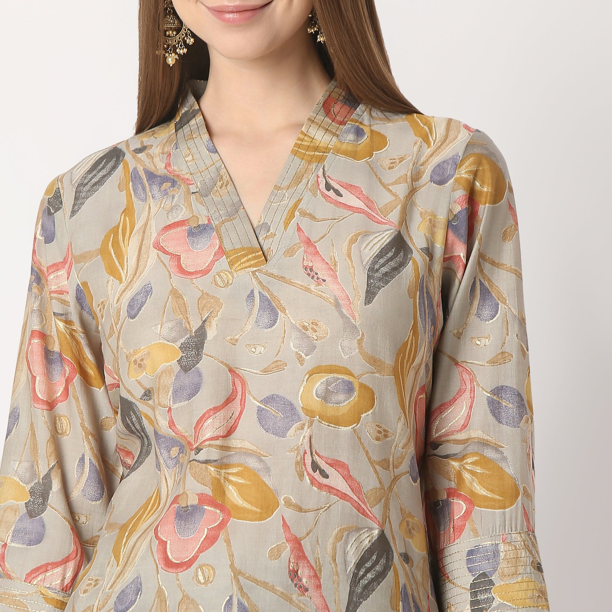 Regular Fit Printed V Neck Kurta with Pant Set