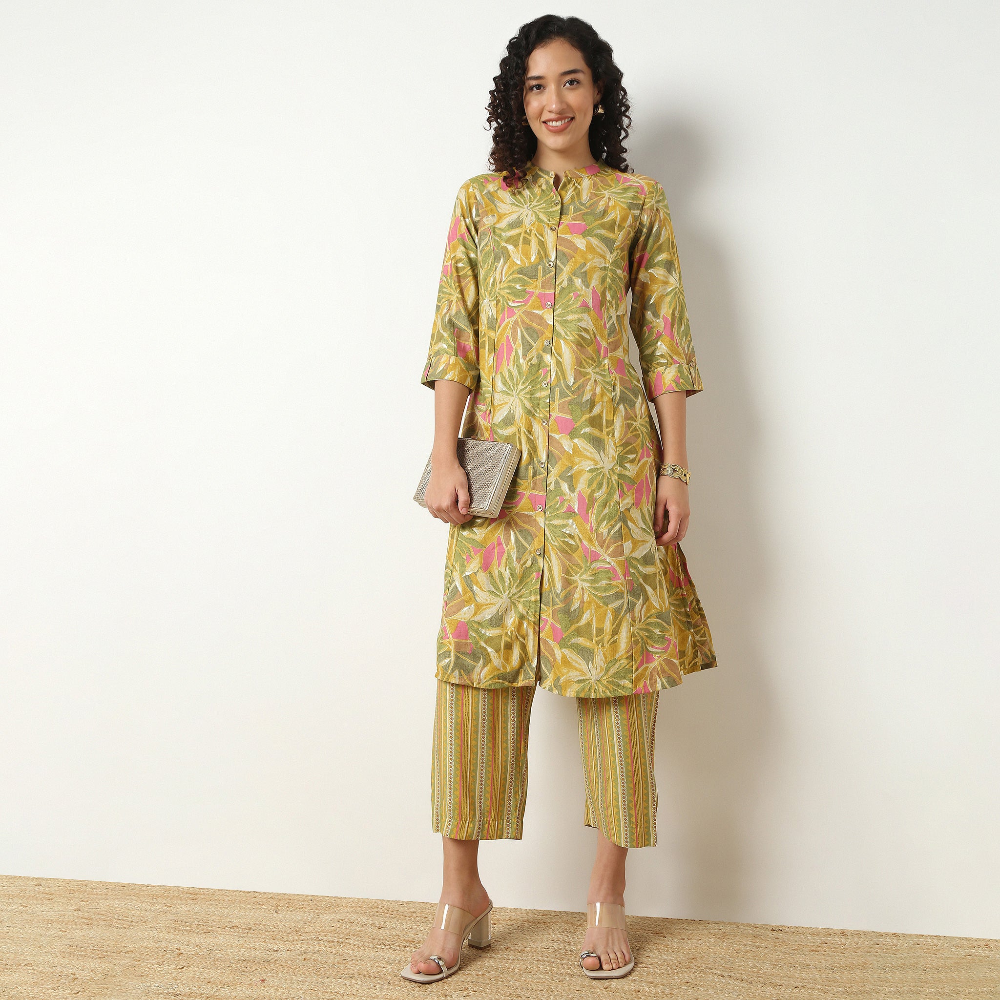 Band Neck Kurta With Pant Set