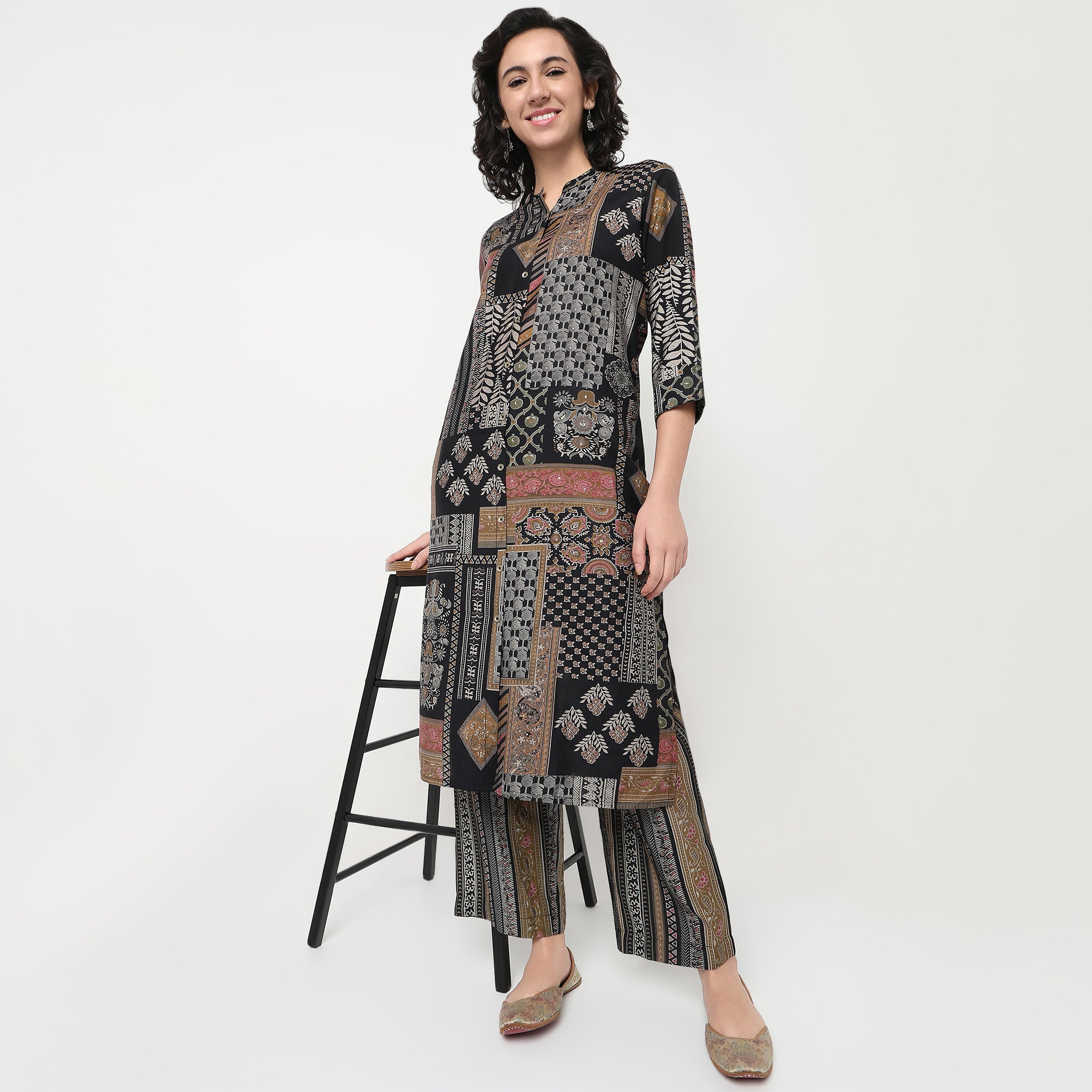 Order Now Women Print Band Neck Straight Regular Fit Mid Rise Ethnic Wear Kurta Set by Style Union