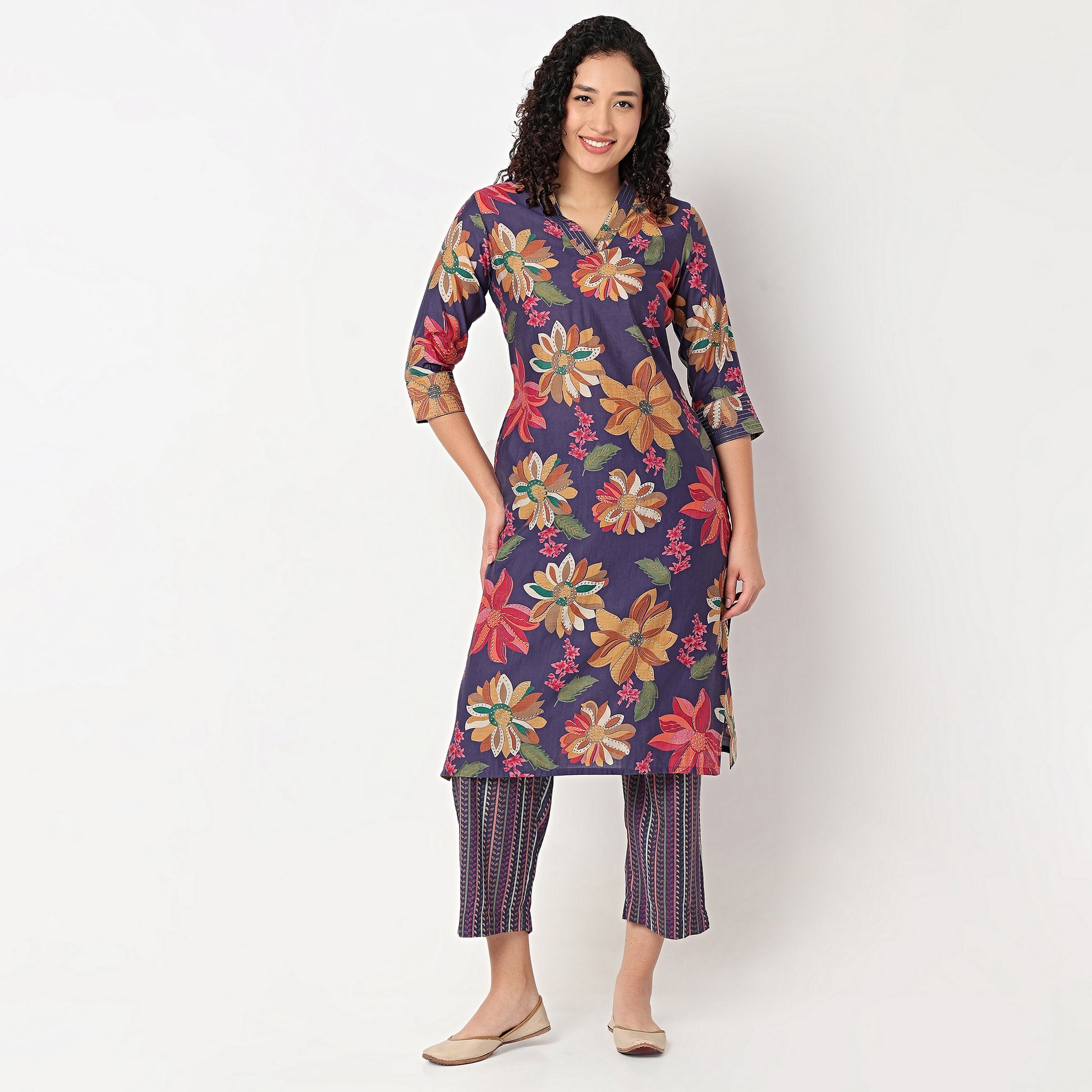V-Neck Printed Kurta with Pant Set