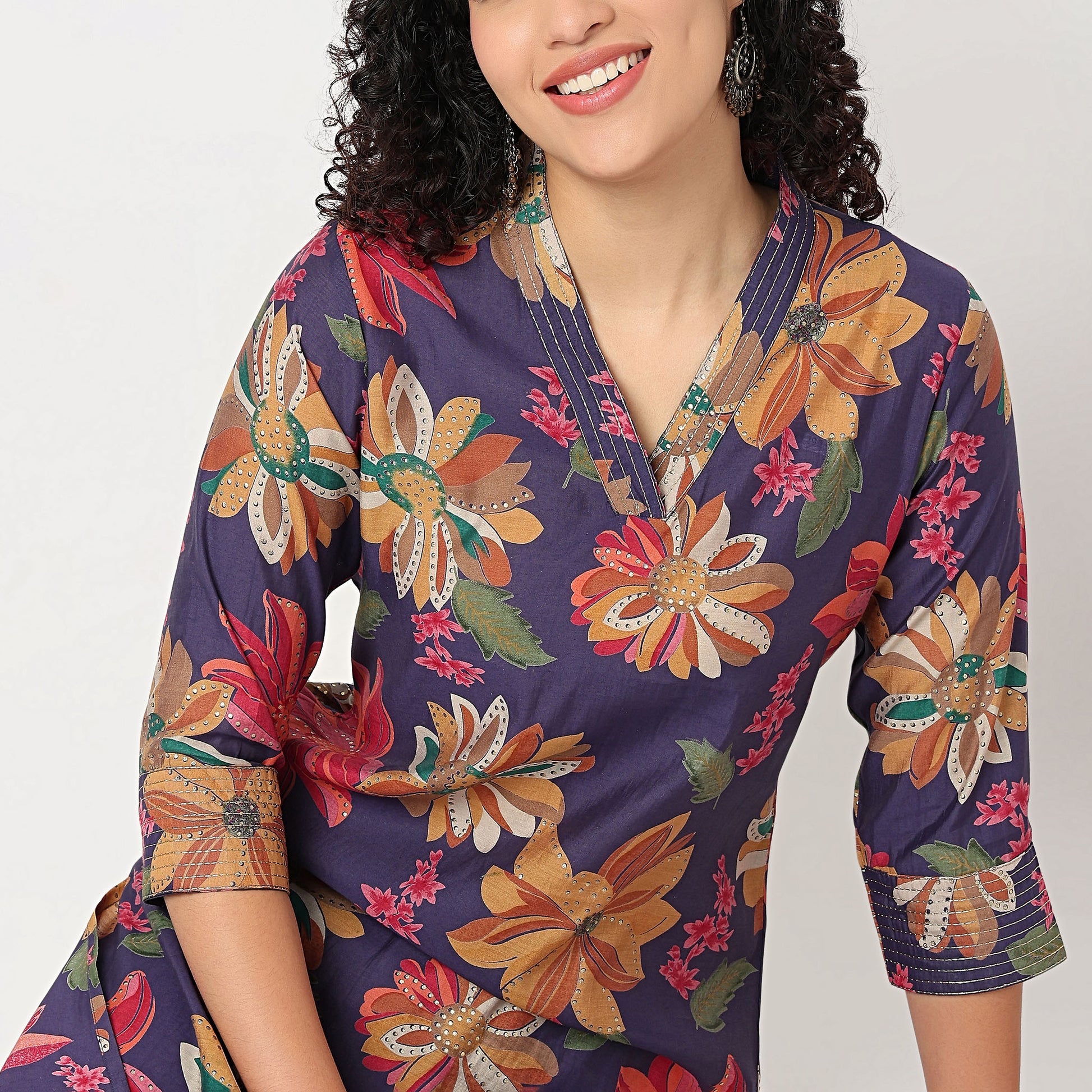 V-Neck Printed Kurta with Pant Set