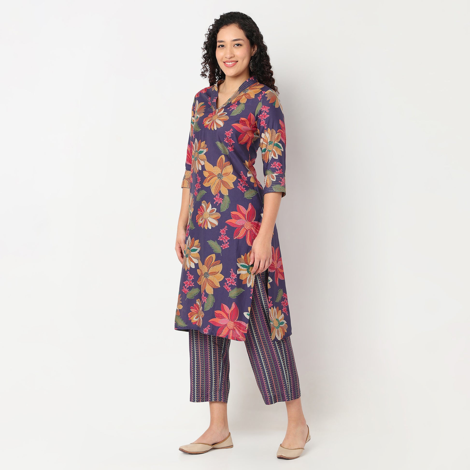 V-Neck Printed Kurta with Pant Set
