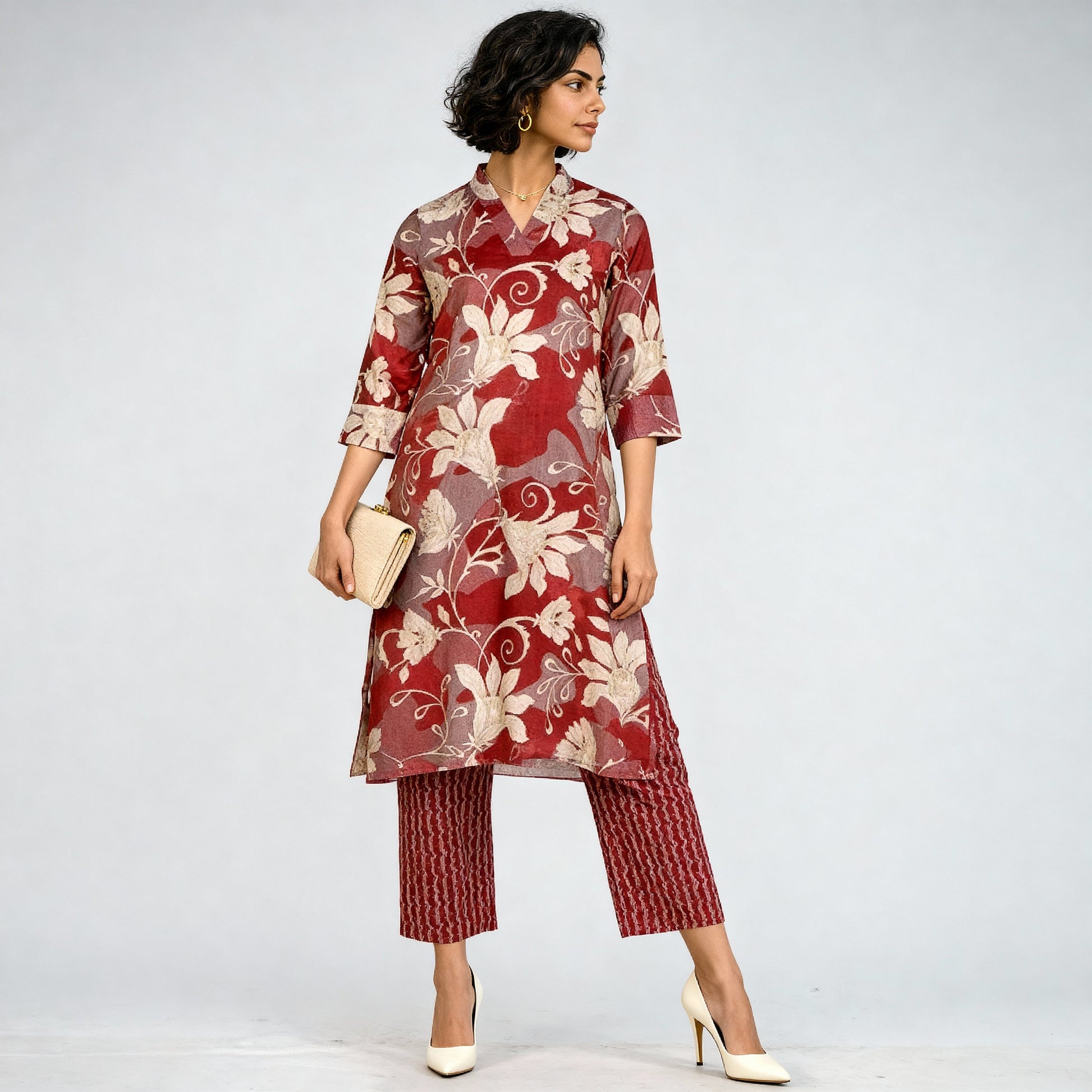 V-Neck Printed Kurta with Pant Sets