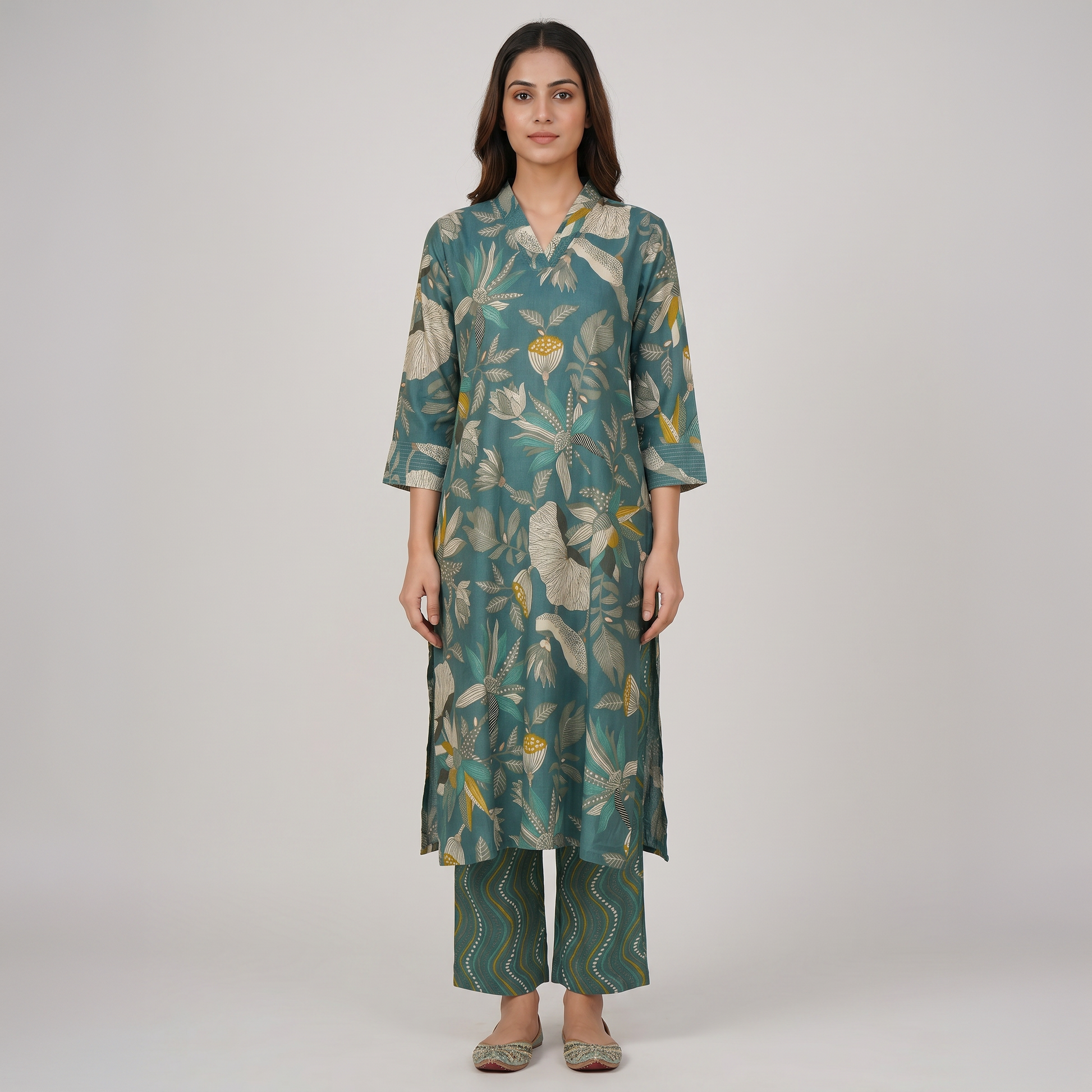 Printed V-Neck Kurta with Pant Set