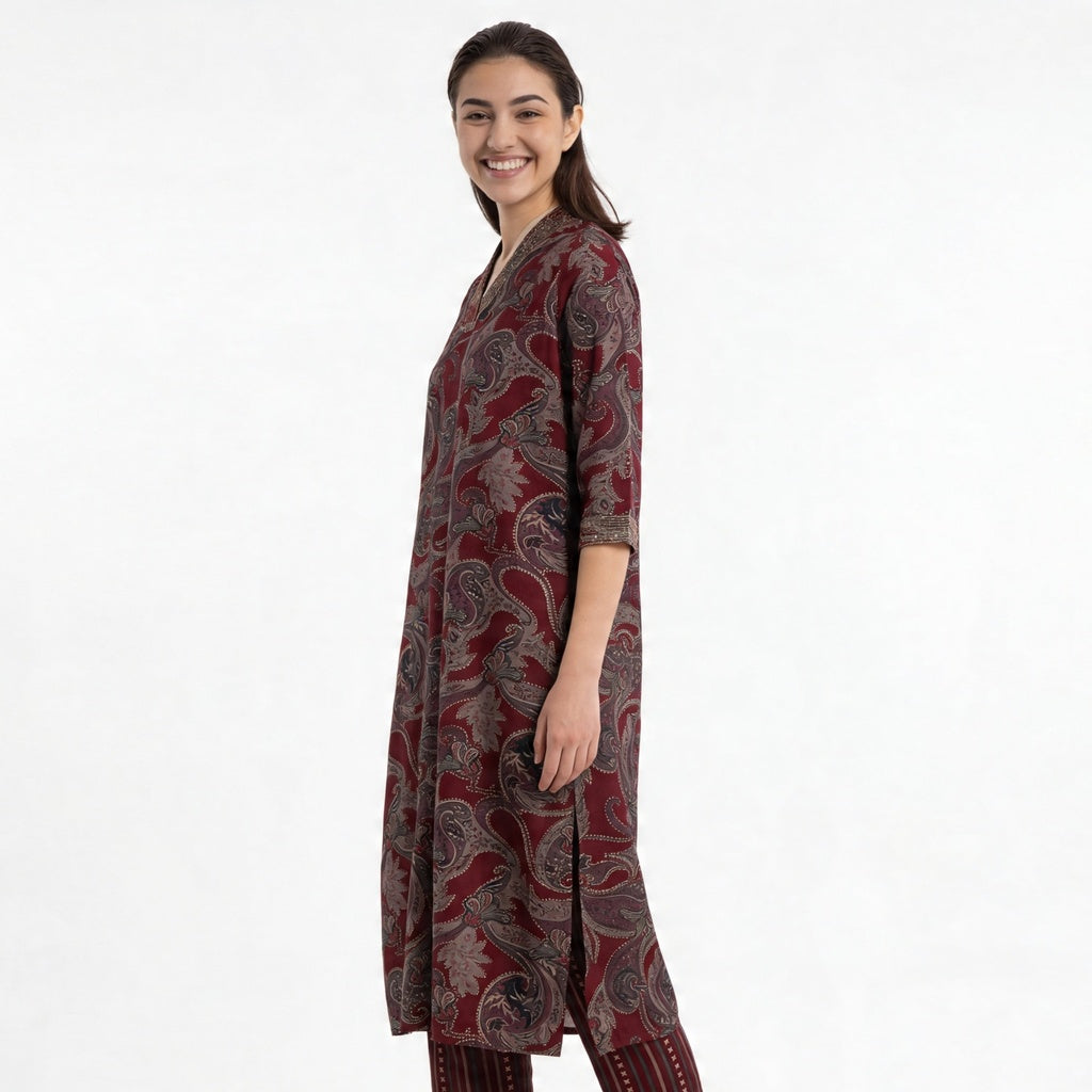 Printed V-Neck Straight Kurta with Pant Set