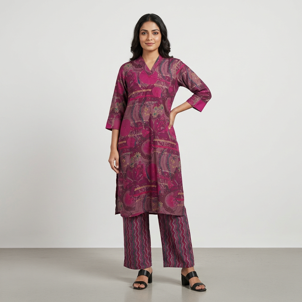 Printed V-Neck Kurta with Pant Set