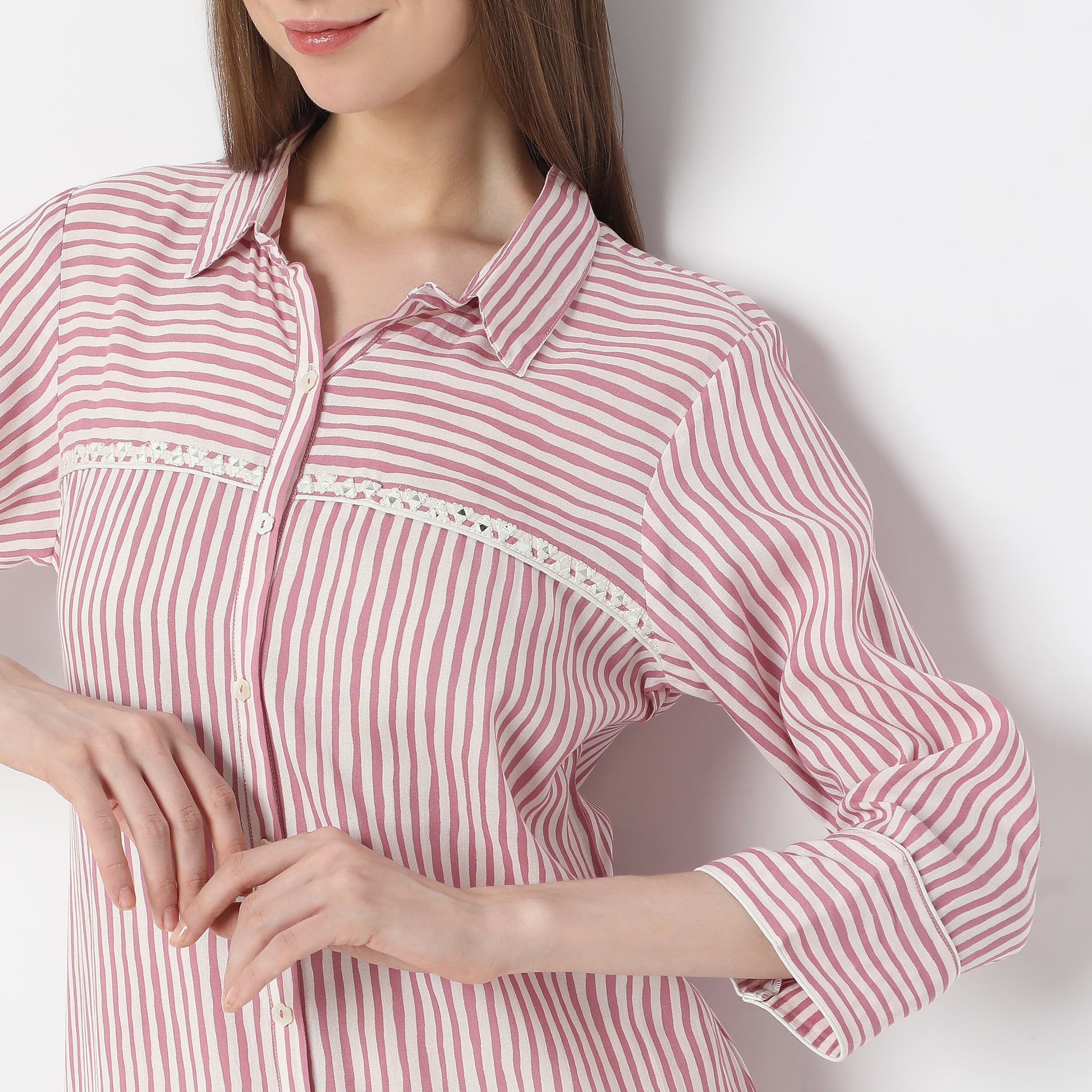 Striped Knee Length Coller Embroidered Straight Fit Kurta