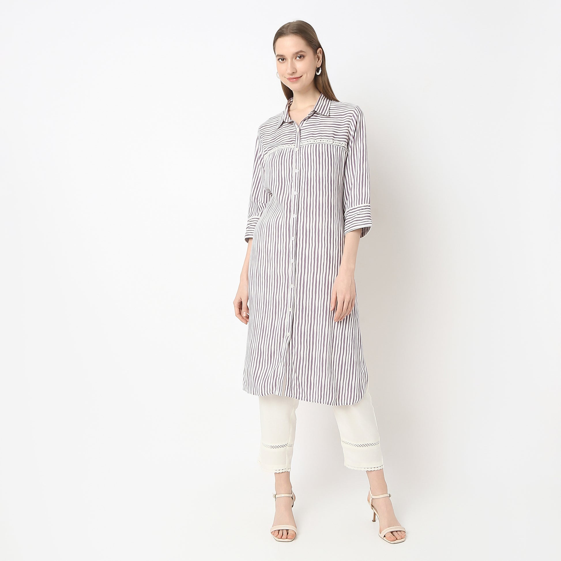 Striped Knee Length Coller Embroidered Straight Fit Kurta