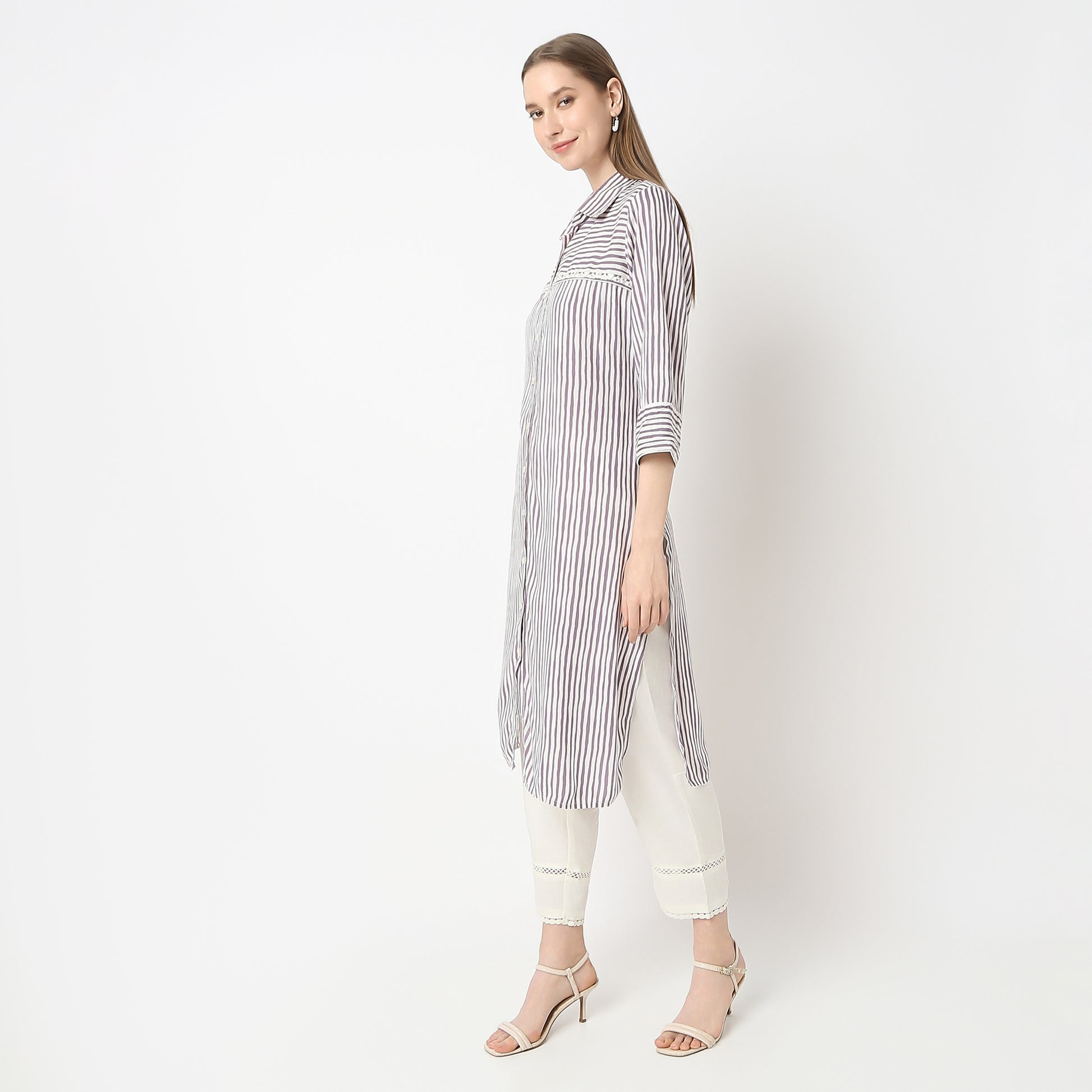 Striped Knee Length Coller Embroidered Straight Fit Kurta