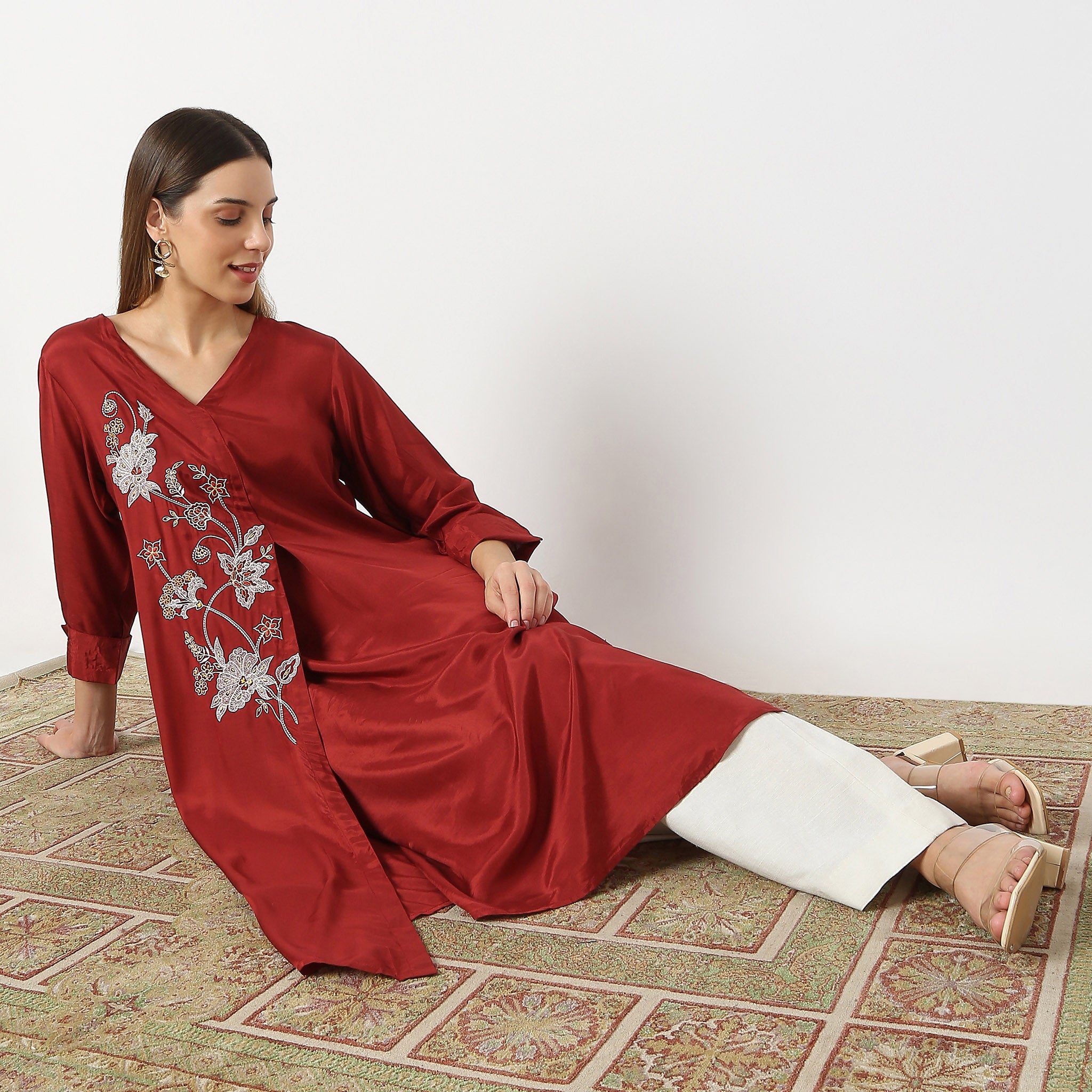 Embroidered Knee Length V-Neck Flared Whimsies A-Line Kurta