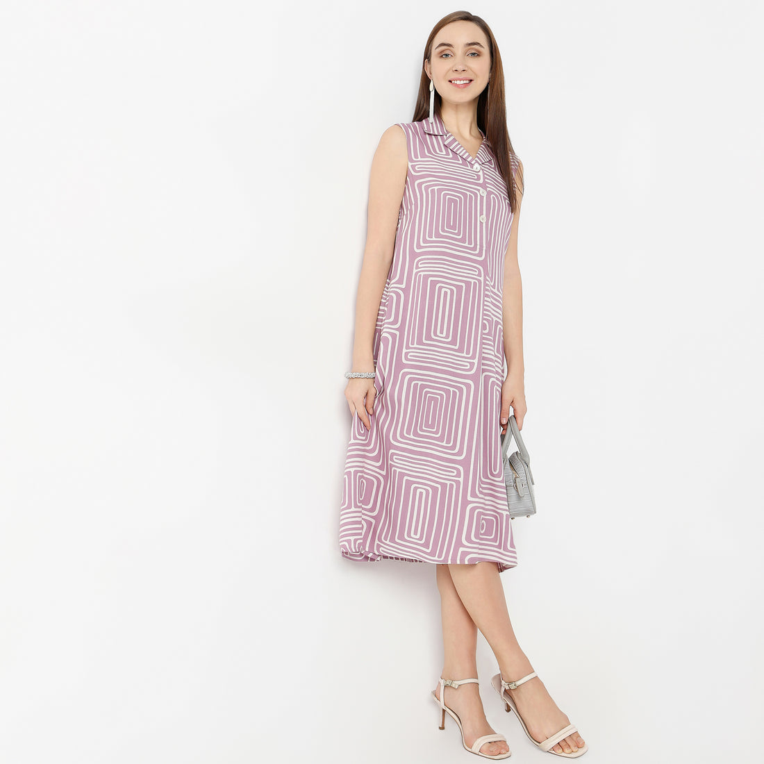 Flare Fit Printed Lapel Collar Dress