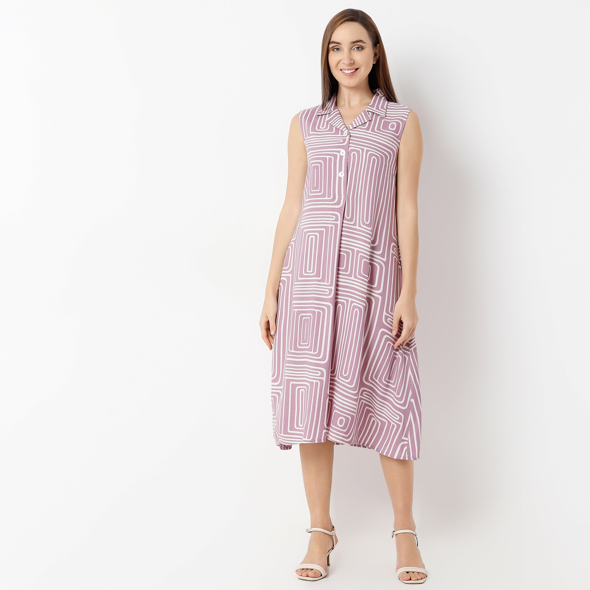 Flare Fit Printed Lapel Collar Dress