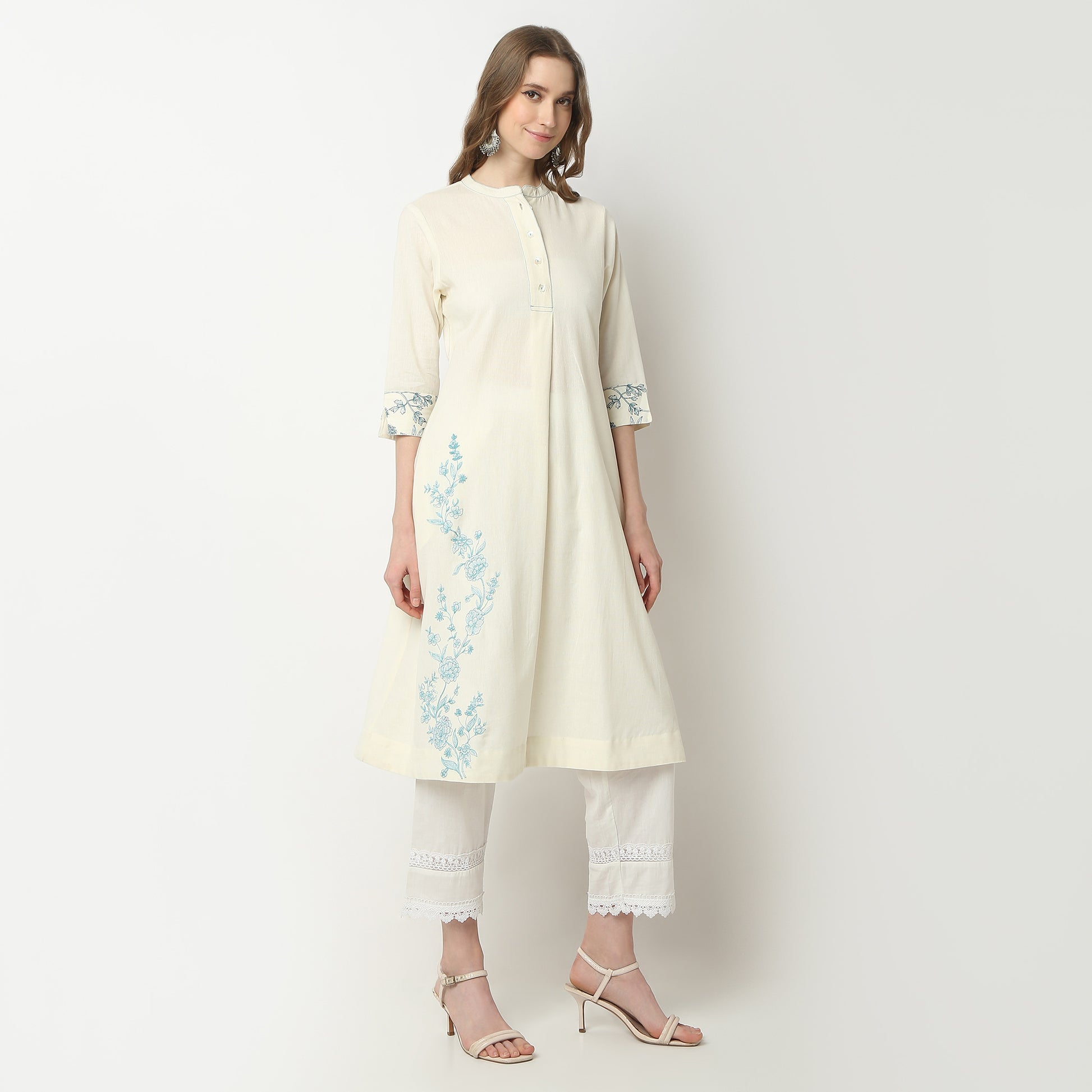 Flare Fit Embroidered Band Collar Kurta