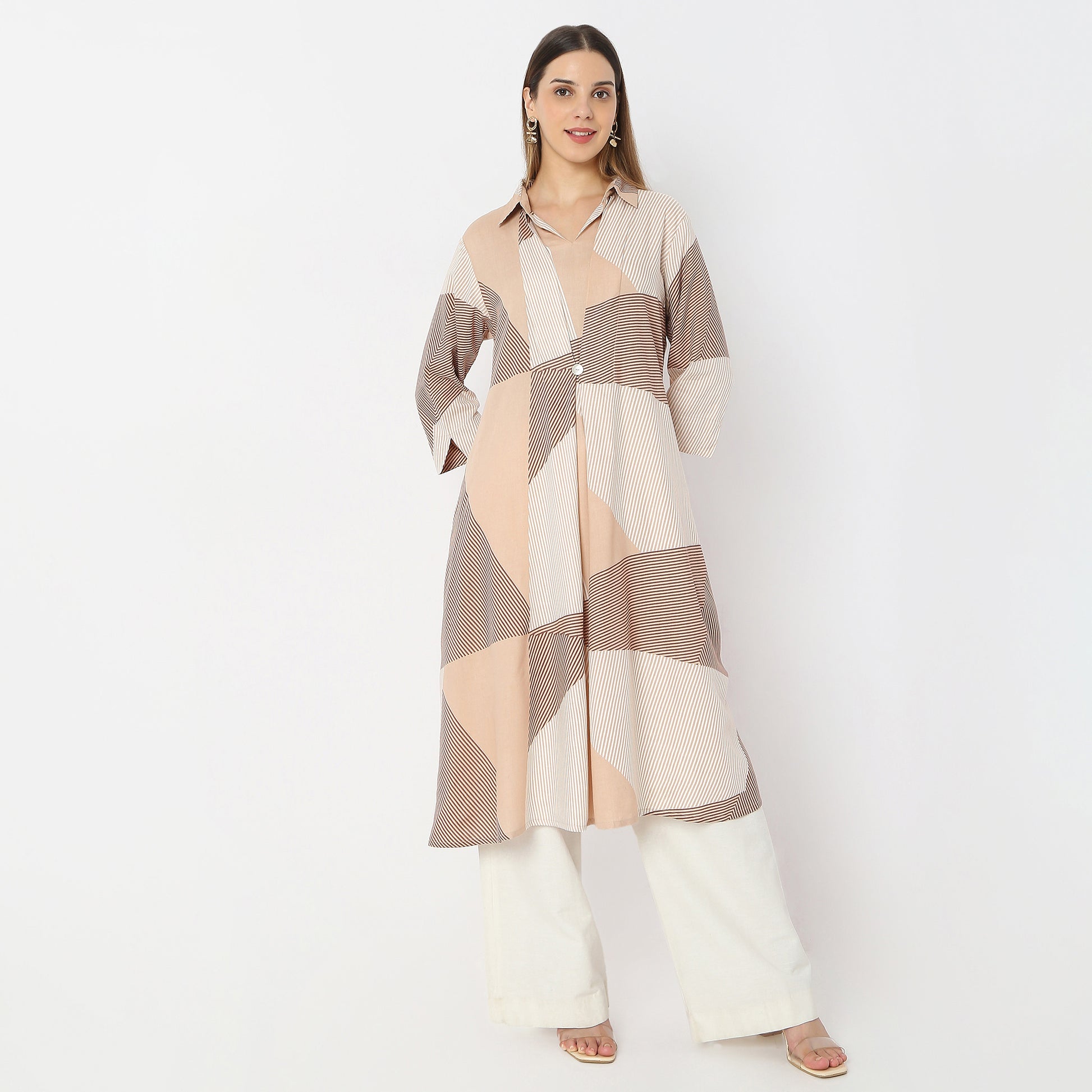 Printed Below Knee Shirt Collar Sand Dunes Flared Kurta