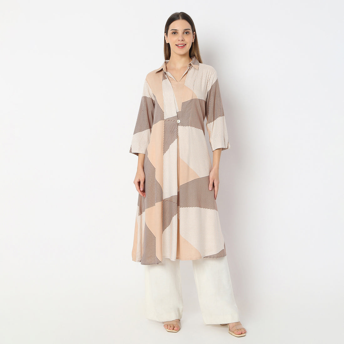 Printed Below Knee Shirt Collar Sand Dunes Flared Kurta