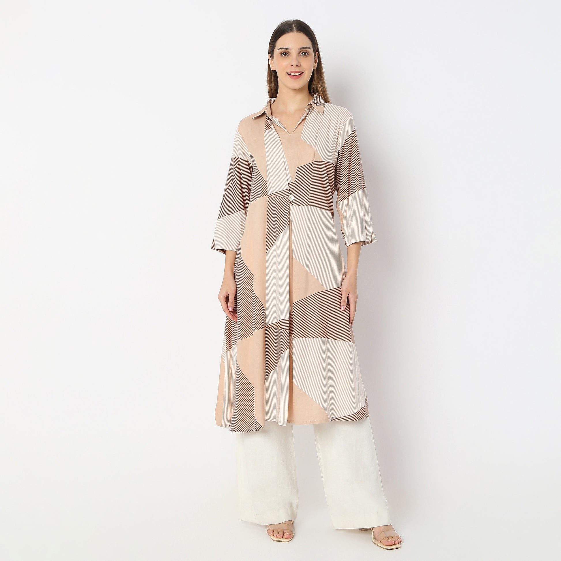 Printed Below Knee Shirt Collar Sand Dunes Flared Kurta