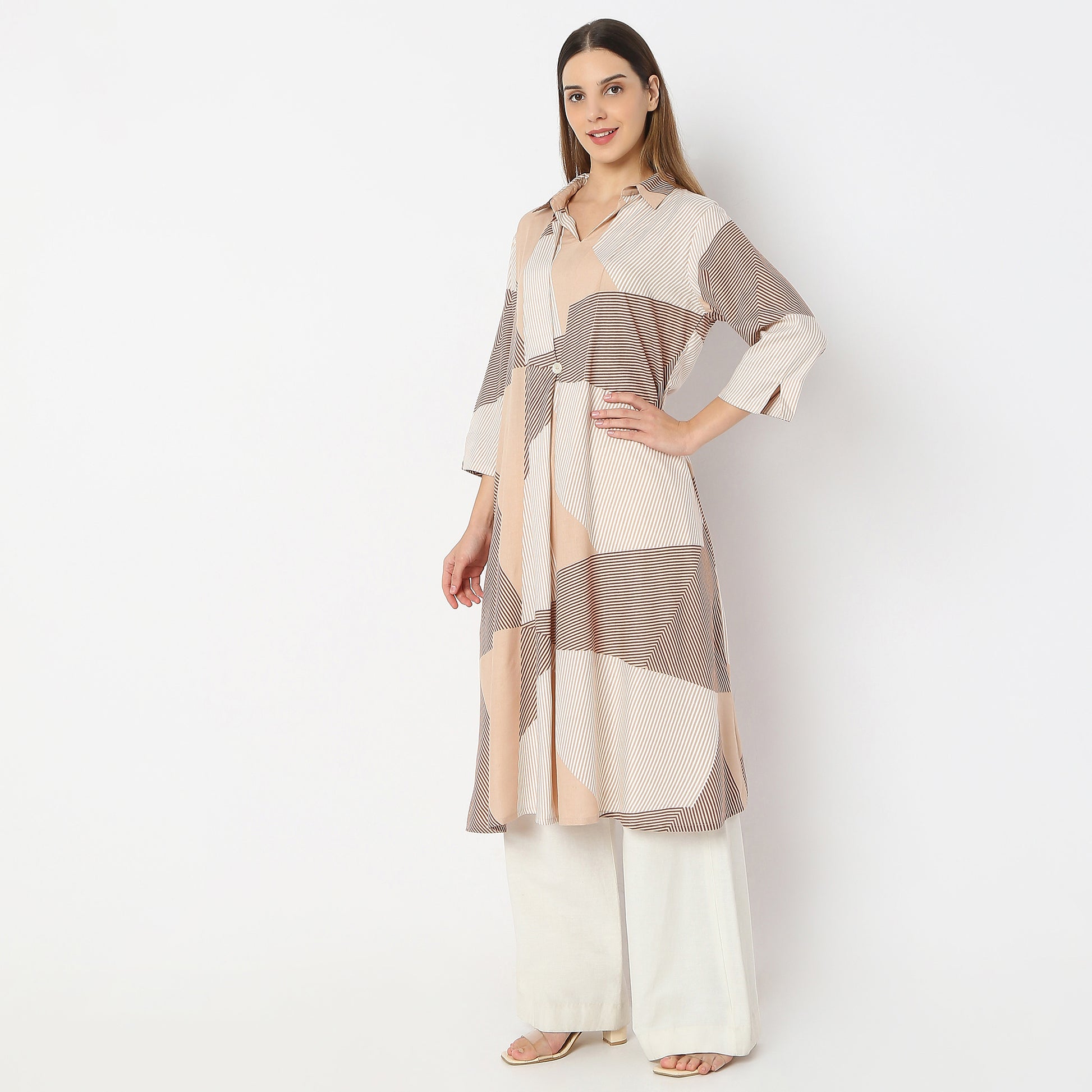 Printed Below Knee Shirt Collar Sand Dunes Flared Kurta